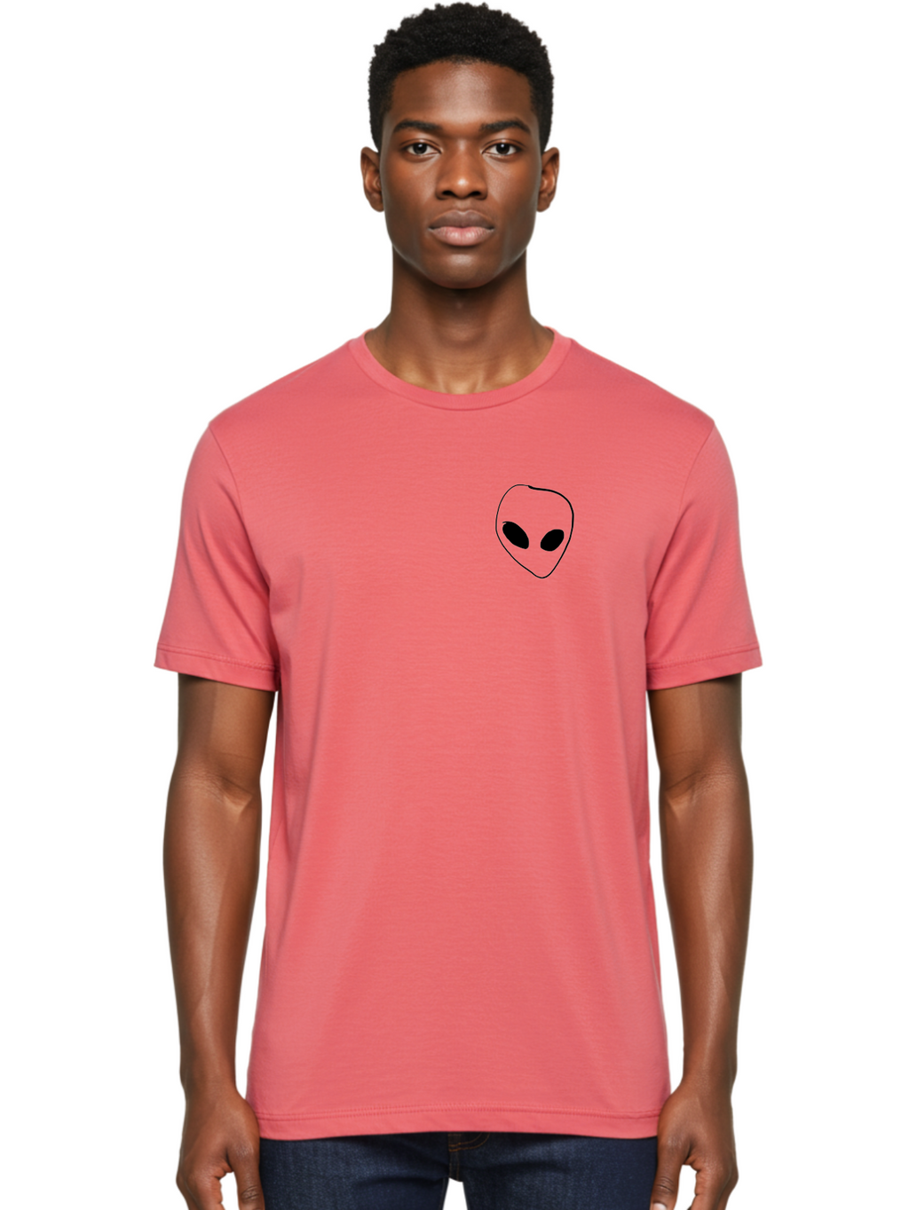 Alien-Head Men'S Graphic Tee, 100% Cotton, Comfortable Casual Summer Wear, Machine Washable, Alien Face, Simple Drawing, Black Outline, Minimalist Design, Extraterrestrial Being, Cartoon Style, Black Eyes, Digital Illustration, Simple Art -  Aaa002