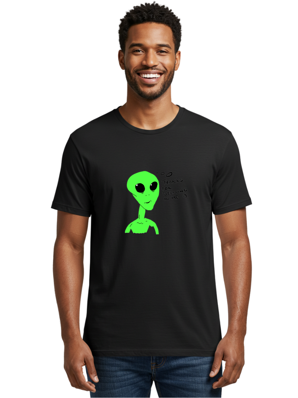 Alien-Thanks-For-Beliving-In-Me Men'S Graphic Tee, 100% Cotton, Comfortable Casual Summer Wear, Machine Washable, Alien Cartoon Character, Extraterrestrial Life, Thought Bubble, Thanks For Believing In Me, Quirky Humor, Playful Design, -  Aaa003