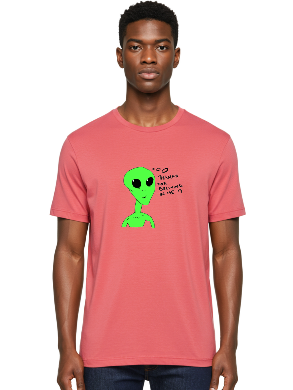 Alien-Thanks-For-Beliving-In-Me Men'S Graphic Tee, 100% Cotton, Comfortable Casual Summer Wear, Machine Washable, Alien Cartoon Character, Extraterrestrial Life, Thought Bubble, Thanks For Believing In Me, Quirky Humor, Playful Design, -  Aaa003