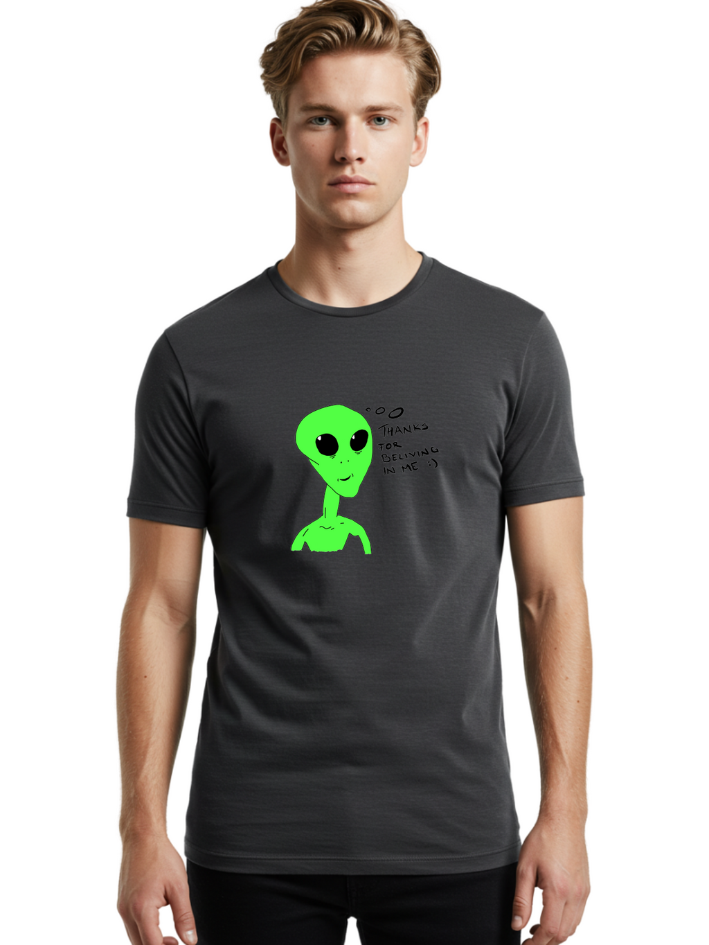 Alien-Thanks-For-Beliving-In-Me Men'S Graphic Tee, 100% Cotton, Comfortable Casual Summer Wear, Machine Washable, Alien Cartoon Character, Extraterrestrial Life, Thought Bubble, Thanks For Believing In Me, Quirky Humor, Playful Design, -  Aaa003