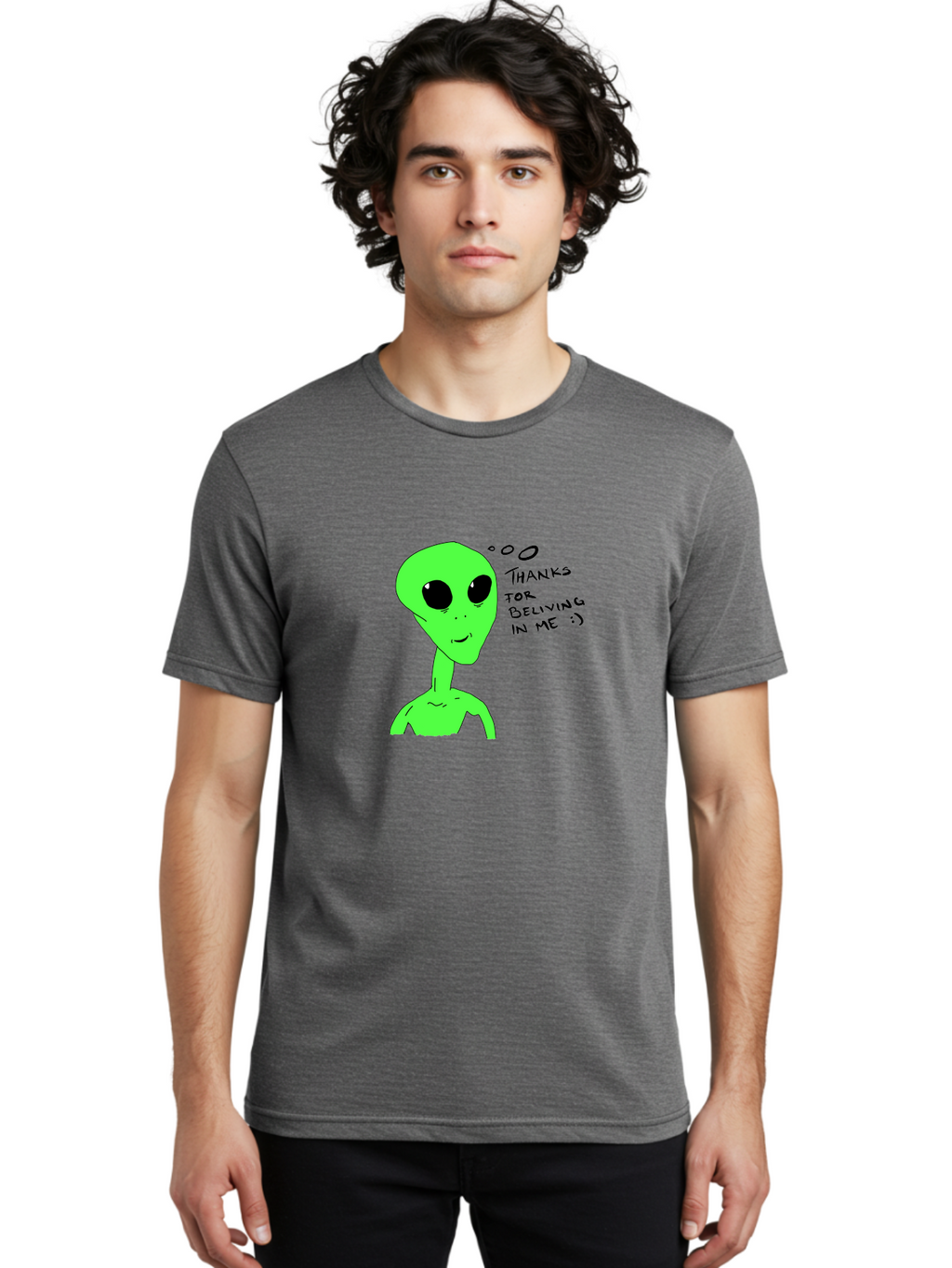 Alien-Thanks-For-Beliving-In-Me Men'S Graphic Tee, 100% Cotton, Comfortable Casual Summer Wear, Machine Washable, Alien Cartoon Character, Extraterrestrial Life, Thought Bubble, Thanks For Believing In Me, Quirky Humor, Playful Design, -  Aaa003