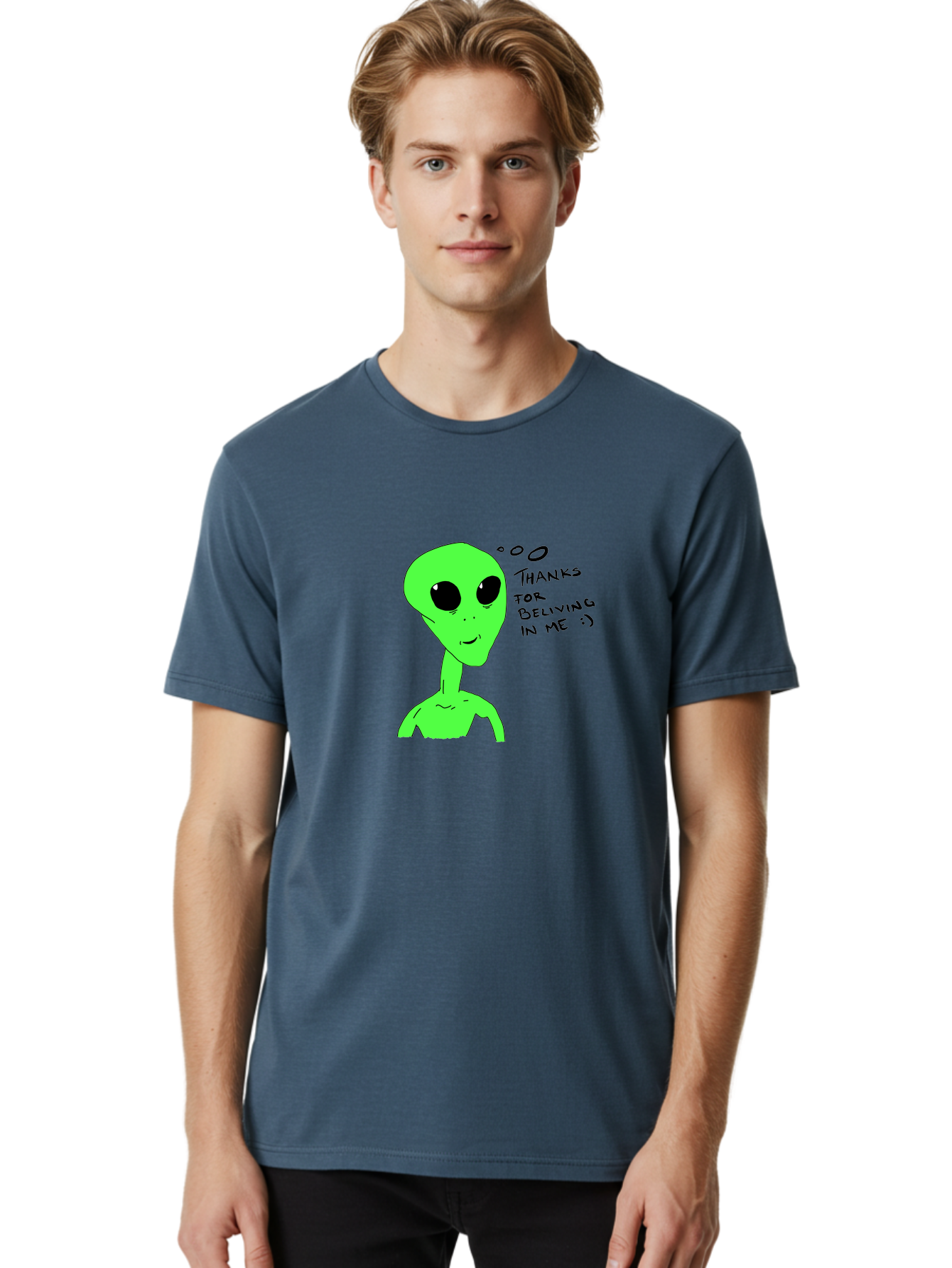 Alien-Thanks-For-Beliving-In-Me Men'S Graphic Tee, 100% Cotton, Comfortable Casual Summer Wear, Machine Washable, Alien Cartoon Character, Extraterrestrial Life, Thought Bubble, Thanks For Believing In Me, Quirky Humor, Playful Design, -  Aaa003