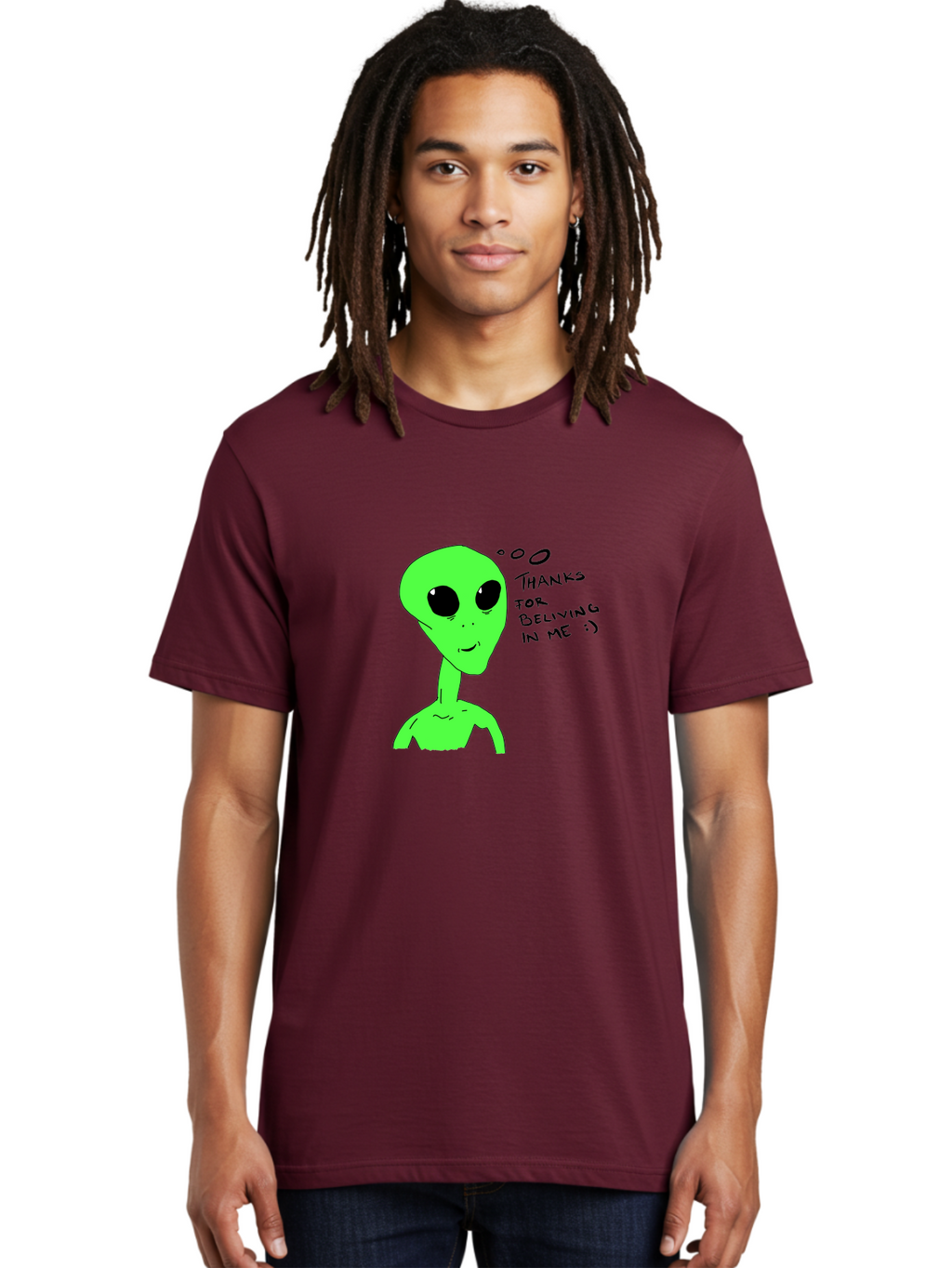 Alien-Thanks-For-Beliving-In-Me Men'S Graphic Tee, 100% Cotton, Comfortable Casual Summer Wear, Machine Washable, Alien Cartoon Character, Extraterrestrial Life, Thought Bubble, Thanks For Believing In Me, Quirky Humor, Playful Design, -  Aaa003