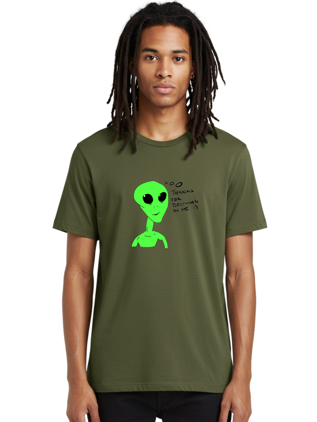 Alien-Thanks-For-Beliving-In-Me Men'S Graphic Tee, 100% Cotton, Comfortable Casual Summer Wear, Machine Washable, Alien Cartoon Character, Extraterrestrial Life, Thought Bubble, Thanks For Believing In Me, Quirky Humor, Playful Design, -  Aaa003