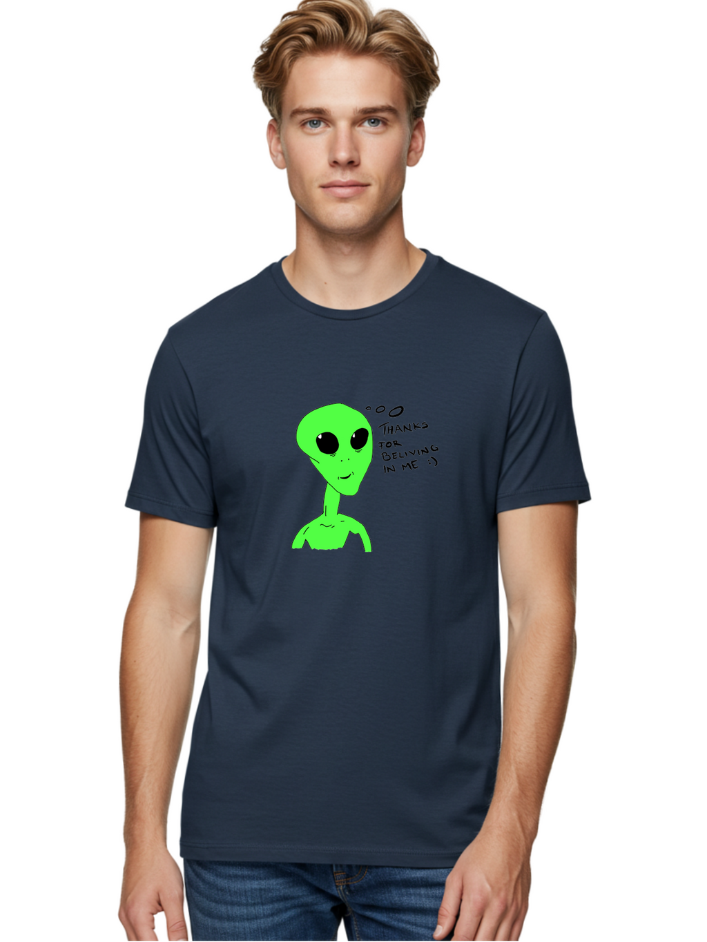 Alien-Thanks-For-Beliving-In-Me Men'S Graphic Tee, 100% Cotton, Comfortable Casual Summer Wear, Machine Washable, Alien Cartoon Character, Extraterrestrial Life, Thought Bubble, Thanks For Believing In Me, Quirky Humor, Playful Design, -  Aaa003