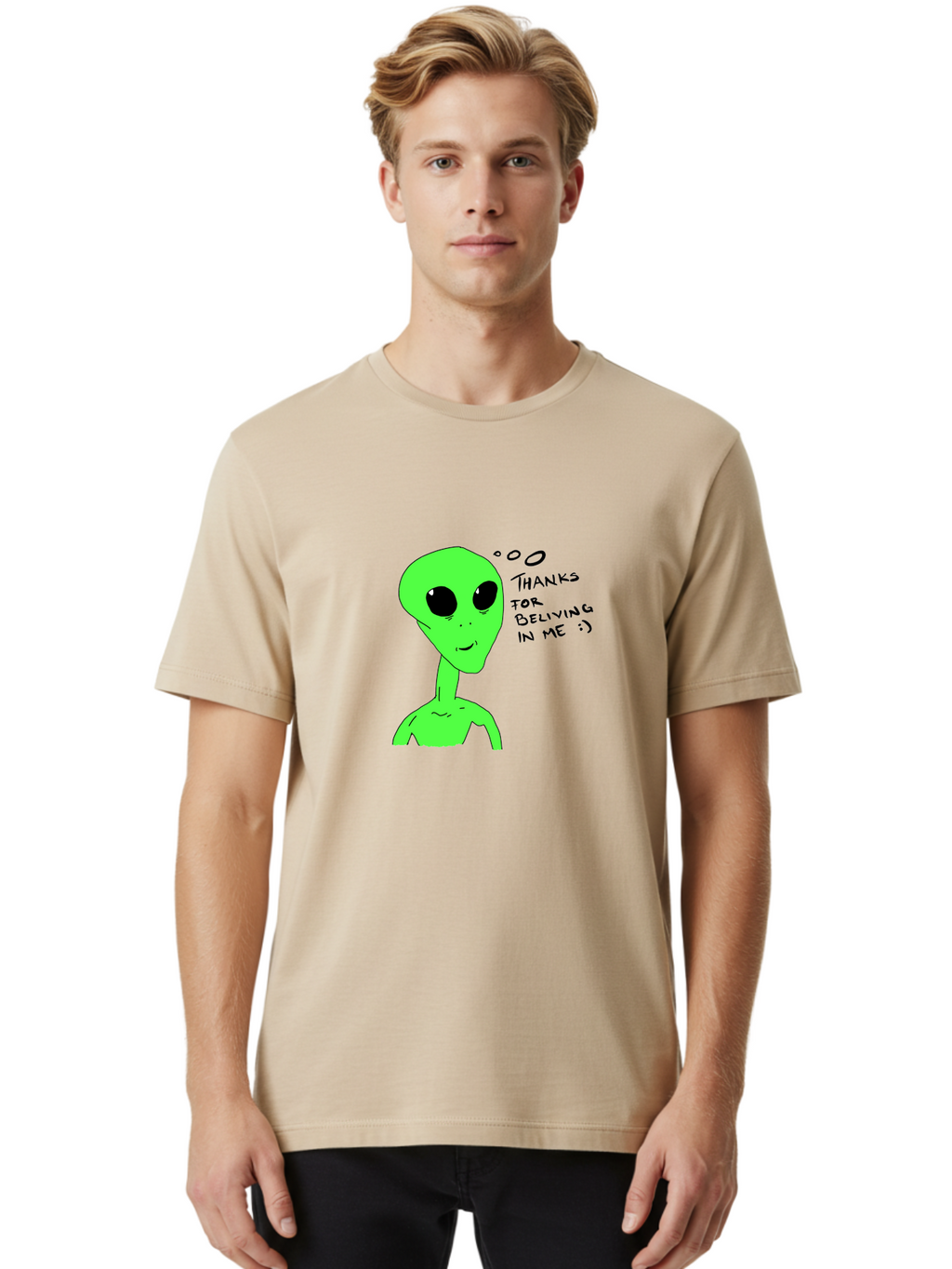 Alien-Thanks-For-Beliving-In-Me Men'S Graphic Tee, 100% Cotton, Comfortable Casual Summer Wear, Machine Washable, Alien Cartoon Character, Extraterrestrial Life, Thought Bubble, Thanks For Believing In Me, Quirky Humor, Playful Design, -  Aaa003