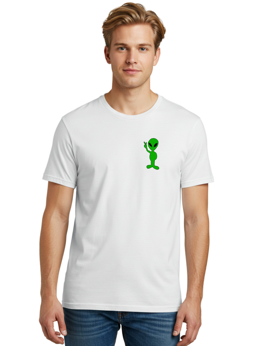 Alien Men'S Graphic Tee, 100% Cotton, Comfortable Casual Summer Wear, Machine Washable, Cartoon Alien, Science Fiction Character, Extraterrestrial Being, Funny Alien, Alien Waving, Pop Culture Icon, Alien Illustration, Humorous Design, -  Aaa004