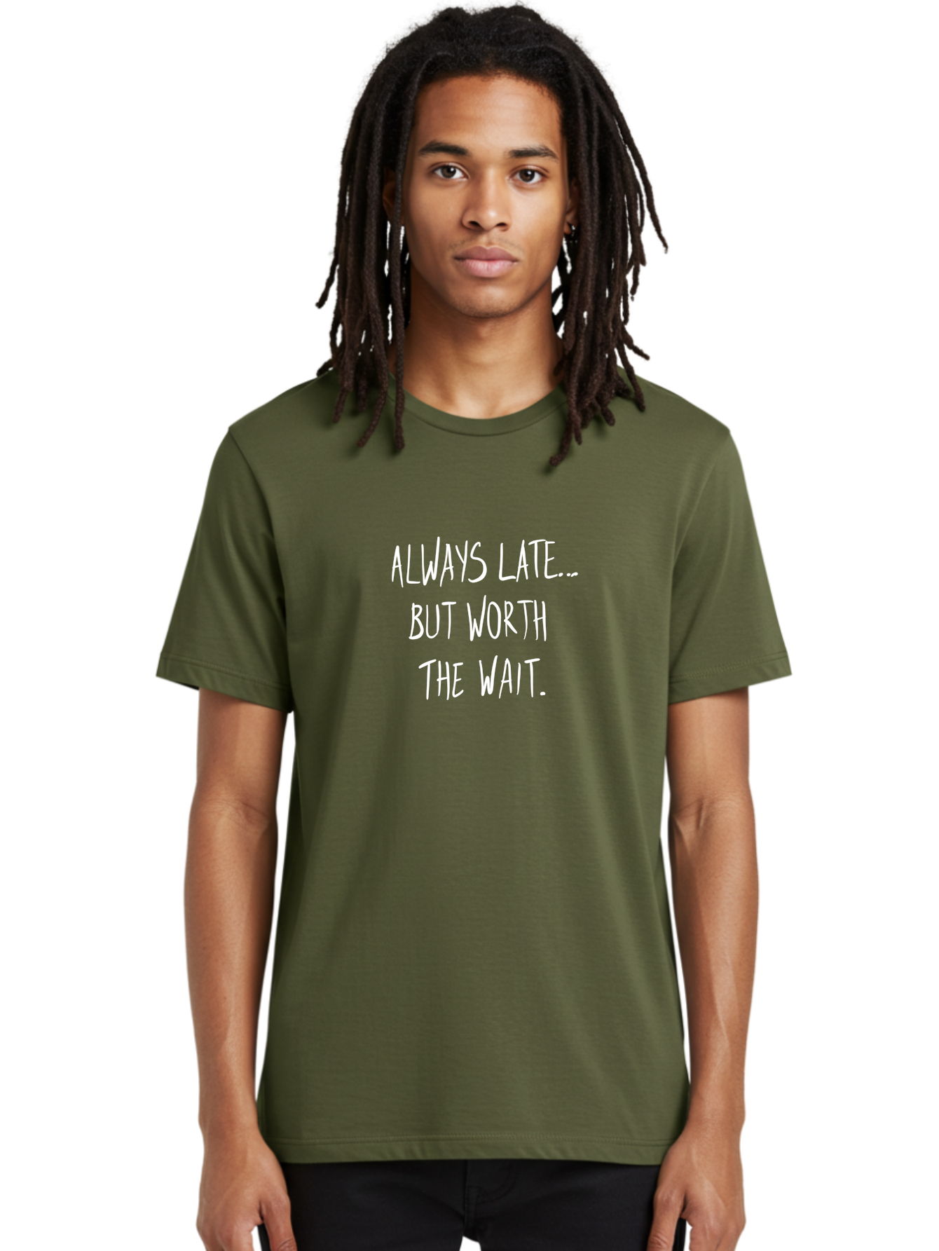 Always-Late-But-Worth-The-Wait Men'S Graphic Tee, 100% Cotton, Comfortable Casual Summer Wear, Machine Washable, Funny Quote, Inspirational Quote, Waiting Is Worth It, Patience Is A Virtue, Motivational Saying, Humor, Witty Phrase, -  Aaa005
