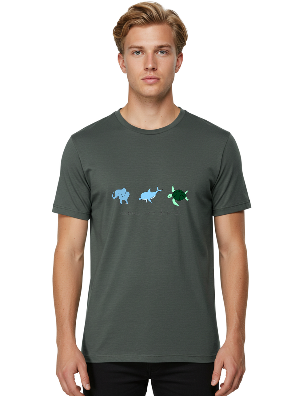 Animals-Are-Friends Men'S Graphic Tee, 100% Cotton, Comfortable Casual Summer Wear, Machine Washable, Cartoon Elephant, Dolphin, Turtle, Friendship, Animal Buddies, Wildlife Companions, Cute Illustrations, Animal Friends, -  Aaa006