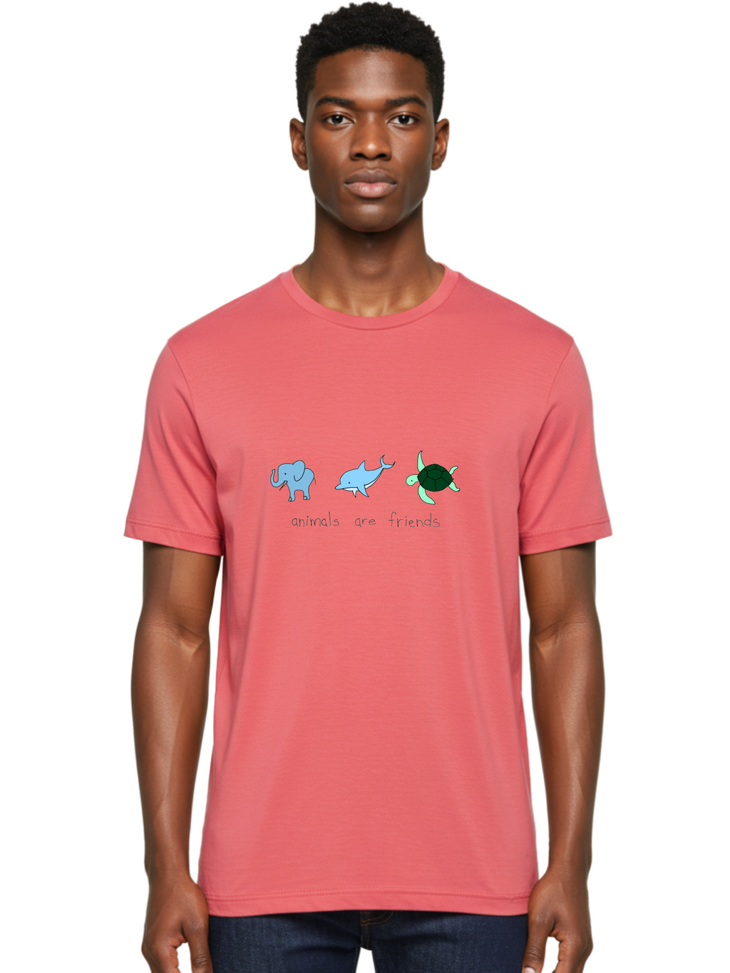 Animals-Are-Friends Men'S Graphic Tee, 100% Cotton, Comfortable Casual Summer Wear, Machine Washable, Cartoon Elephant, Dolphin, Turtle, Friendship, Animal Buddies, Wildlife Companions, Cute Illustrations, Animal Friends, -  Aaa006