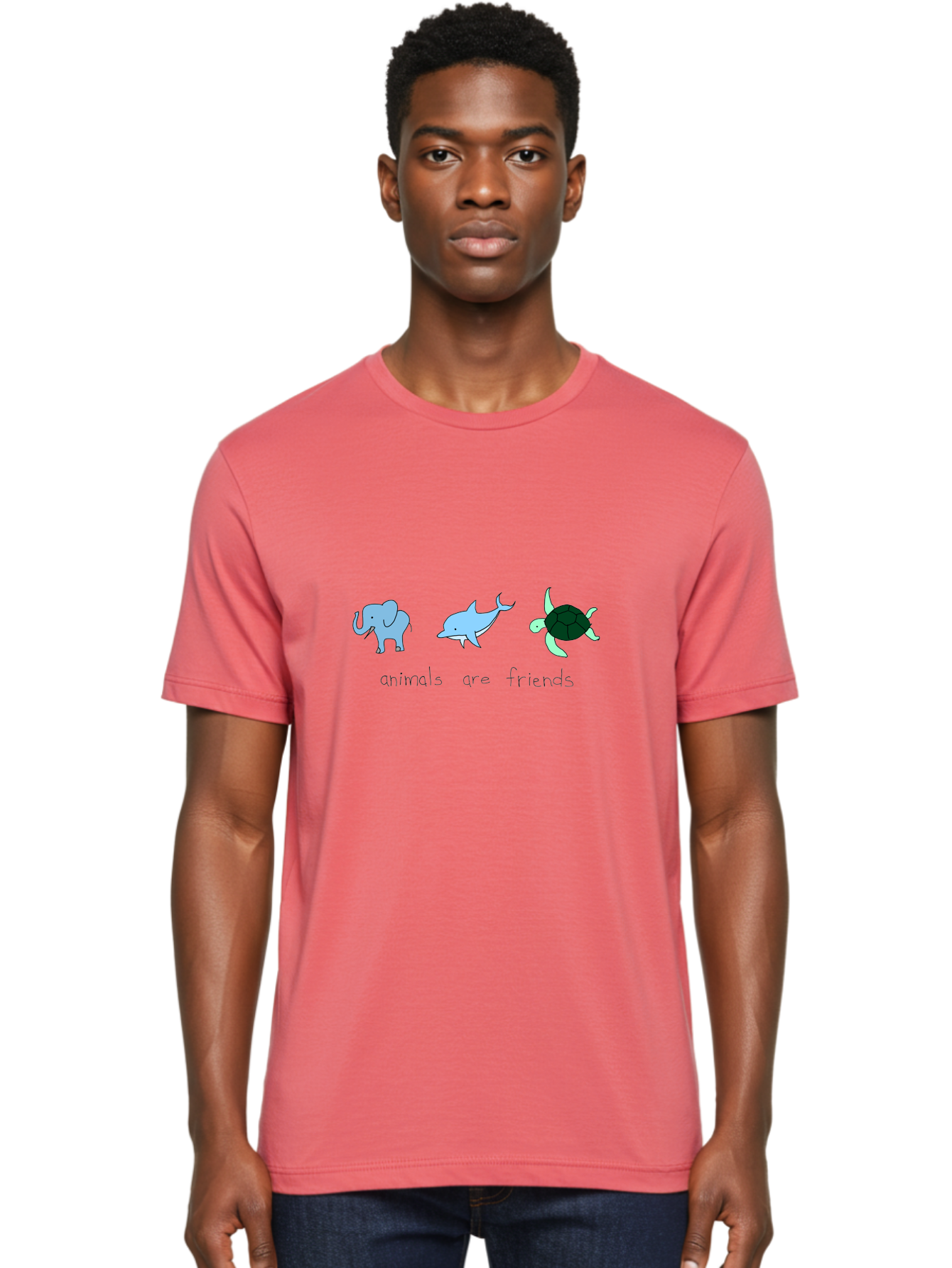 Animals-Are-Friends Men'S Graphic Tee, 100% Cotton, Comfortable Casual Summer Wear, Machine Washable, Cartoon Elephant, Dolphin, Turtle, Friendship, Animal Buddies, Wildlife Companions, Cute Illustrations, Animal Friends, -  Aaa006