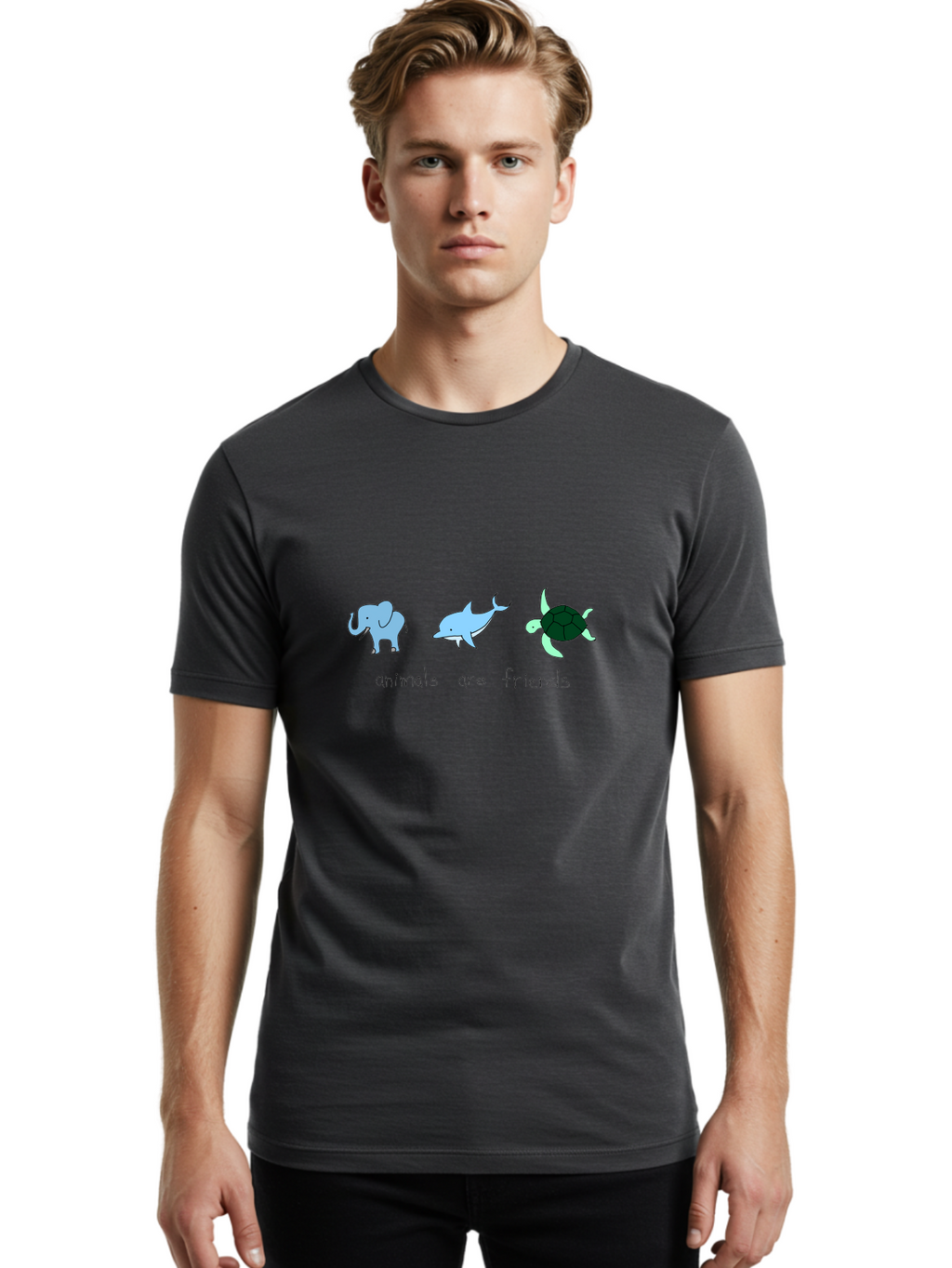 Animals-Are-Friends Men'S Graphic Tee, 100% Cotton, Comfortable Casual Summer Wear, Machine Washable, Cartoon Elephant, Dolphin, Turtle, Friendship, Animal Buddies, Wildlife Companions, Cute Illustrations, Animal Friends, -  Aaa006