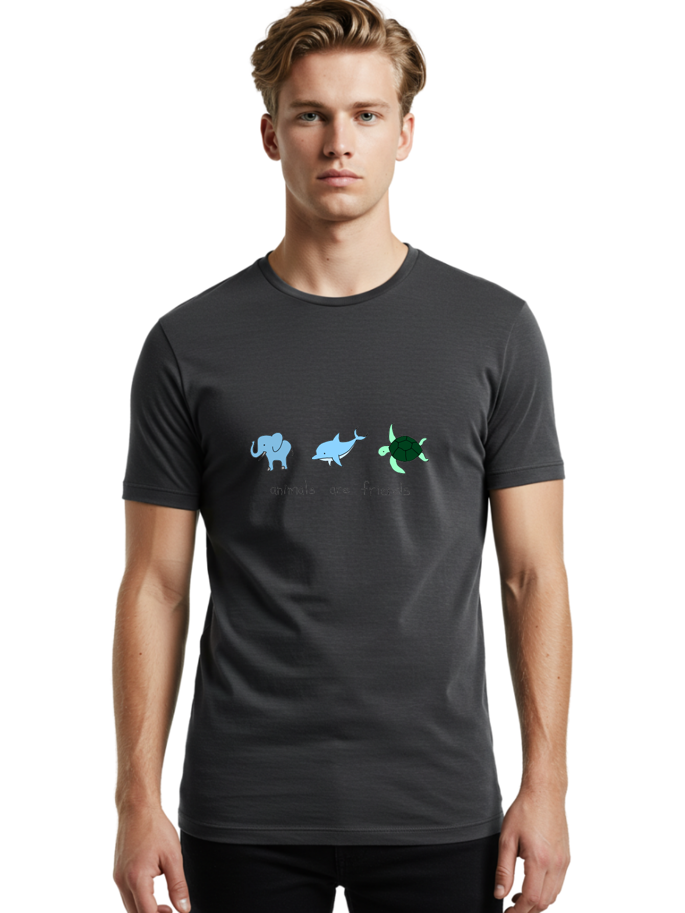 Animals-Are-Friends Men'S Graphic Tee, 100% Cotton, Comfortable Casual Summer Wear, Machine Washable, Cartoon Elephant, Dolphin, Turtle, Friendship, Animal Buddies, Wildlife Companions, Cute Illustrations, Animal Friends, -  Aaa006