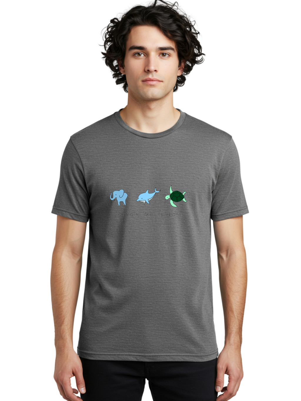 Animals-Are-Friends Men'S Graphic Tee, 100% Cotton, Comfortable Casual Summer Wear, Machine Washable, Cartoon Elephant, Dolphin, Turtle, Friendship, Animal Buddies, Wildlife Companions, Cute Illustrations, Animal Friends, -  Aaa006