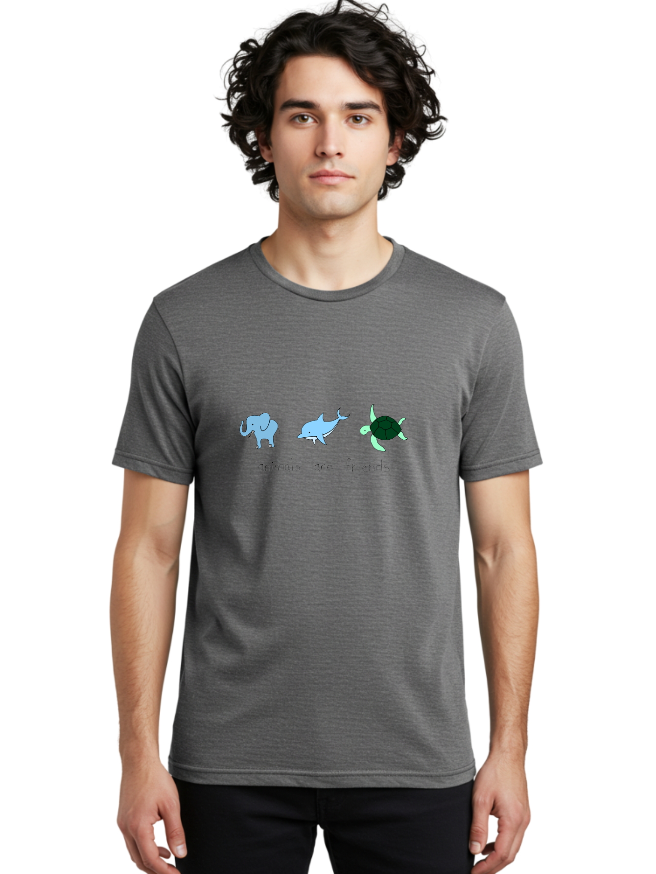 Animals-Are-Friends Men'S Graphic Tee, 100% Cotton, Comfortable Casual Summer Wear, Machine Washable, Cartoon Elephant, Dolphin, Turtle, Friendship, Animal Buddies, Wildlife Companions, Cute Illustrations, Animal Friends, -  Aaa006