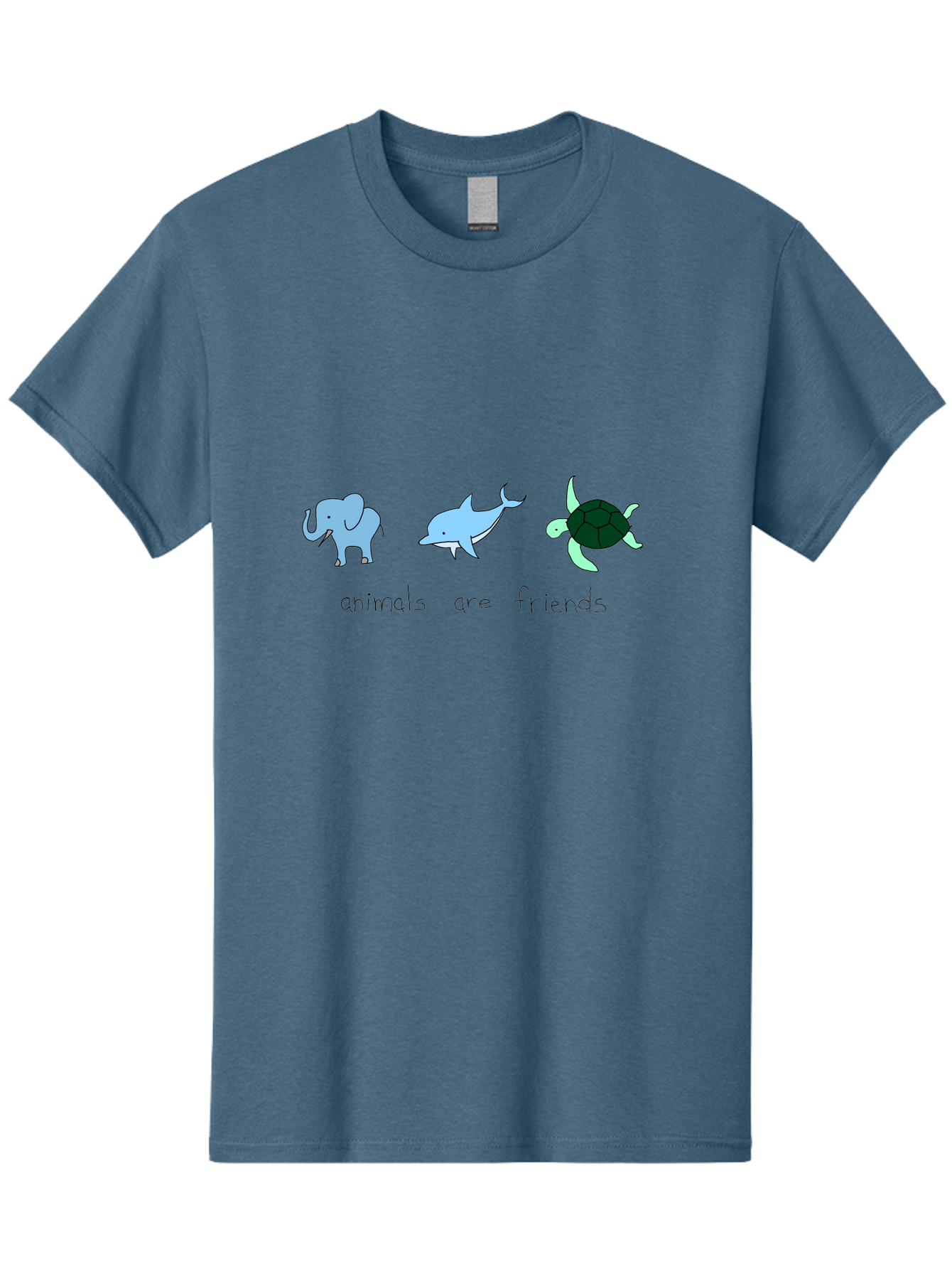 Animals-Are-Friends Men'S Graphic Tee, 100% Cotton, Comfortable Casual Summer Wear, Machine Washable, Cartoon Elephant, Dolphin, Turtle, Friendship, Animal Buddies, Wildlife Companions, Cute Illustrations, Animal Friends, -  Aaa006