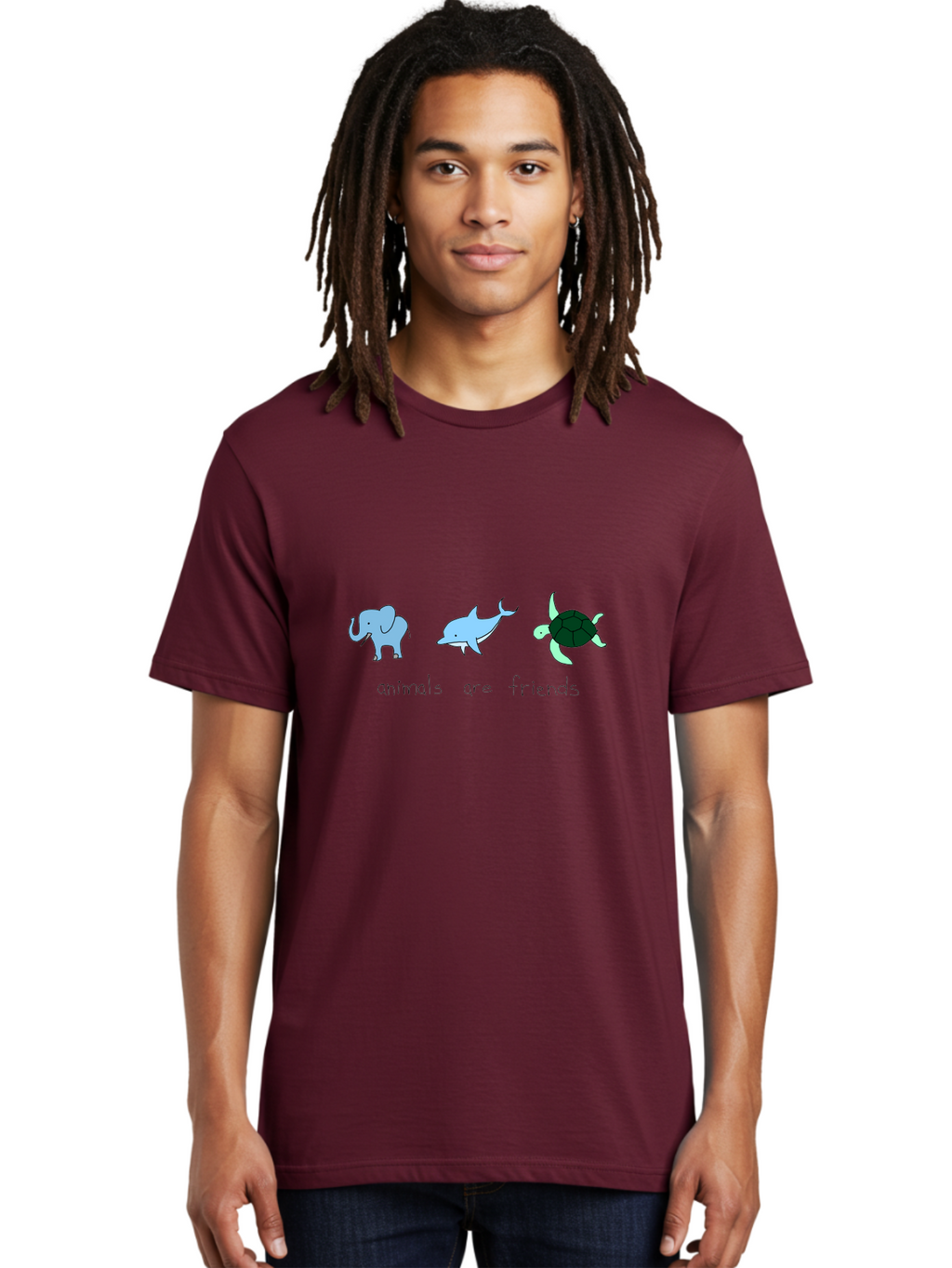 Animals-Are-Friends Men'S Graphic Tee, 100% Cotton, Comfortable Casual Summer Wear, Machine Washable, Cartoon Elephant, Dolphin, Turtle, Friendship, Animal Buddies, Wildlife Companions, Cute Illustrations, Animal Friends, -  Aaa006
