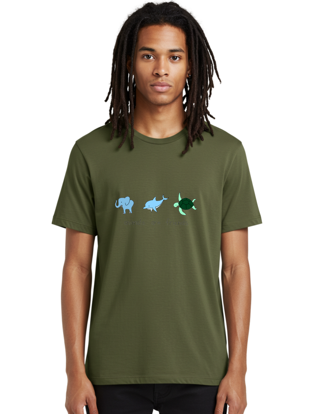 Animals-Are-Friends Men'S Graphic Tee, 100% Cotton, Comfortable Casual Summer Wear, Machine Washable, Cartoon Elephant, Dolphin, Turtle, Friendship, Animal Buddies, Wildlife Companions, Cute Illustrations, Animal Friends, -  Aaa006