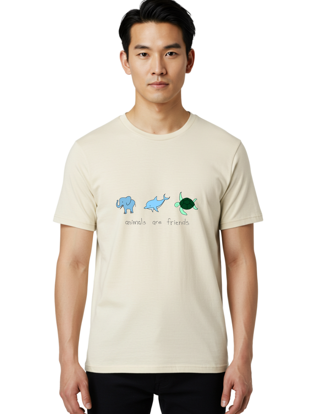 Animals-Are-Friends Men'S Graphic Tee, 100% Cotton, Comfortable Casual Summer Wear, Machine Washable, Cartoon Elephant, Dolphin, Turtle, Friendship, Animal Buddies, Wildlife Companions, Cute Illustrations, Animal Friends, -  Aaa006