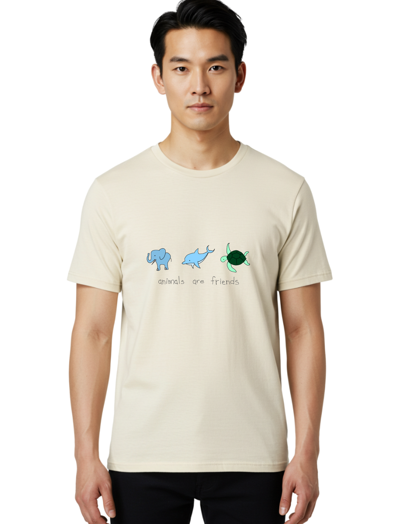 Animals-Are-Friends Men'S Graphic Tee, 100% Cotton, Comfortable Casual Summer Wear, Machine Washable, Cartoon Elephant, Dolphin, Turtle, Friendship, Animal Buddies, Wildlife Companions, Cute Illustrations, Animal Friends, -  Aaa006