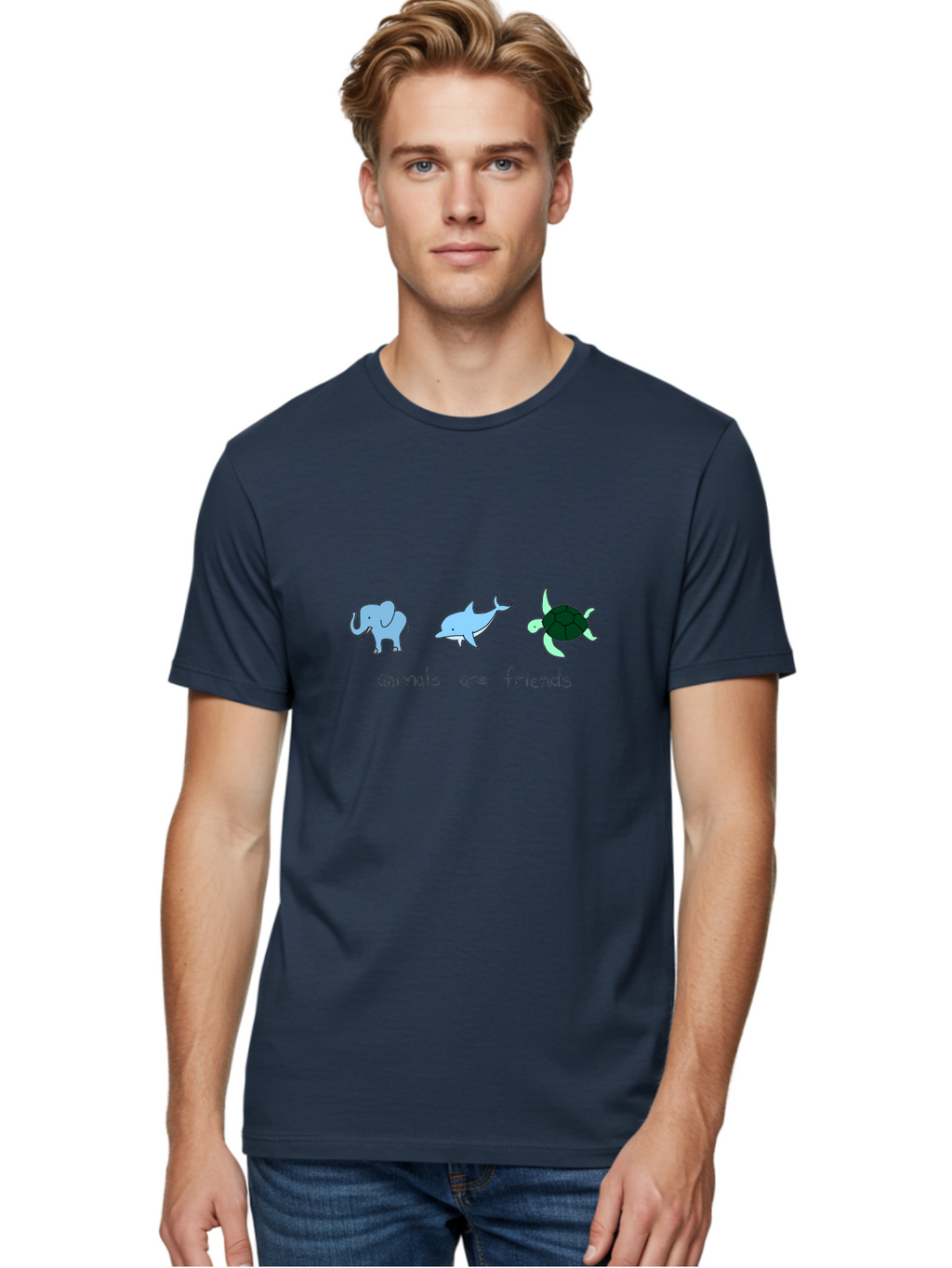 Animals-Are-Friends Men'S Graphic Tee, 100% Cotton, Comfortable Casual Summer Wear, Machine Washable, Cartoon Elephant, Dolphin, Turtle, Friendship, Animal Buddies, Wildlife Companions, Cute Illustrations, Animal Friends, -  Aaa006