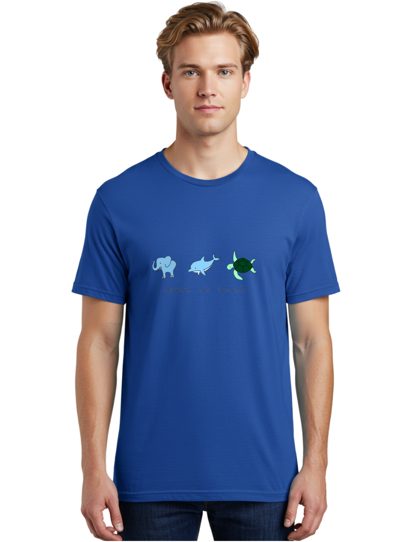Animals-Are-Friends Men'S Graphic Tee, 100% Cotton, Comfortable Casual Summer Wear, Machine Washable, Cartoon Elephant, Dolphin, Turtle, Friendship, Animal Buddies, Wildlife Companions, Cute Illustrations, Animal Friends, -  Aaa006