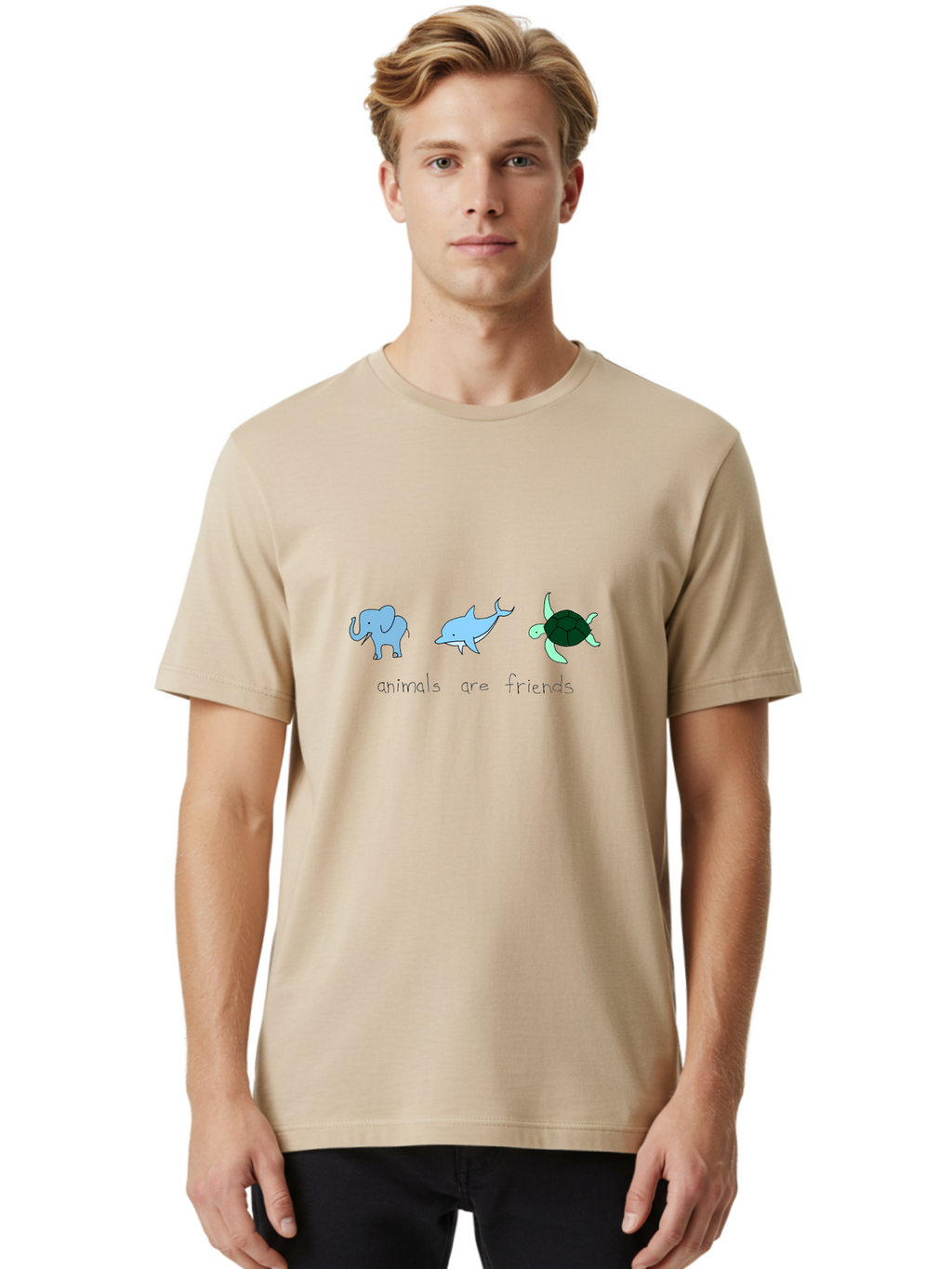 Animals-Are-Friends Men'S Graphic Tee, 100% Cotton, Comfortable Casual Summer Wear, Machine Washable, Cartoon Elephant, Dolphin, Turtle, Friendship, Animal Buddies, Wildlife Companions, Cute Illustrations, Animal Friends, -  Aaa006