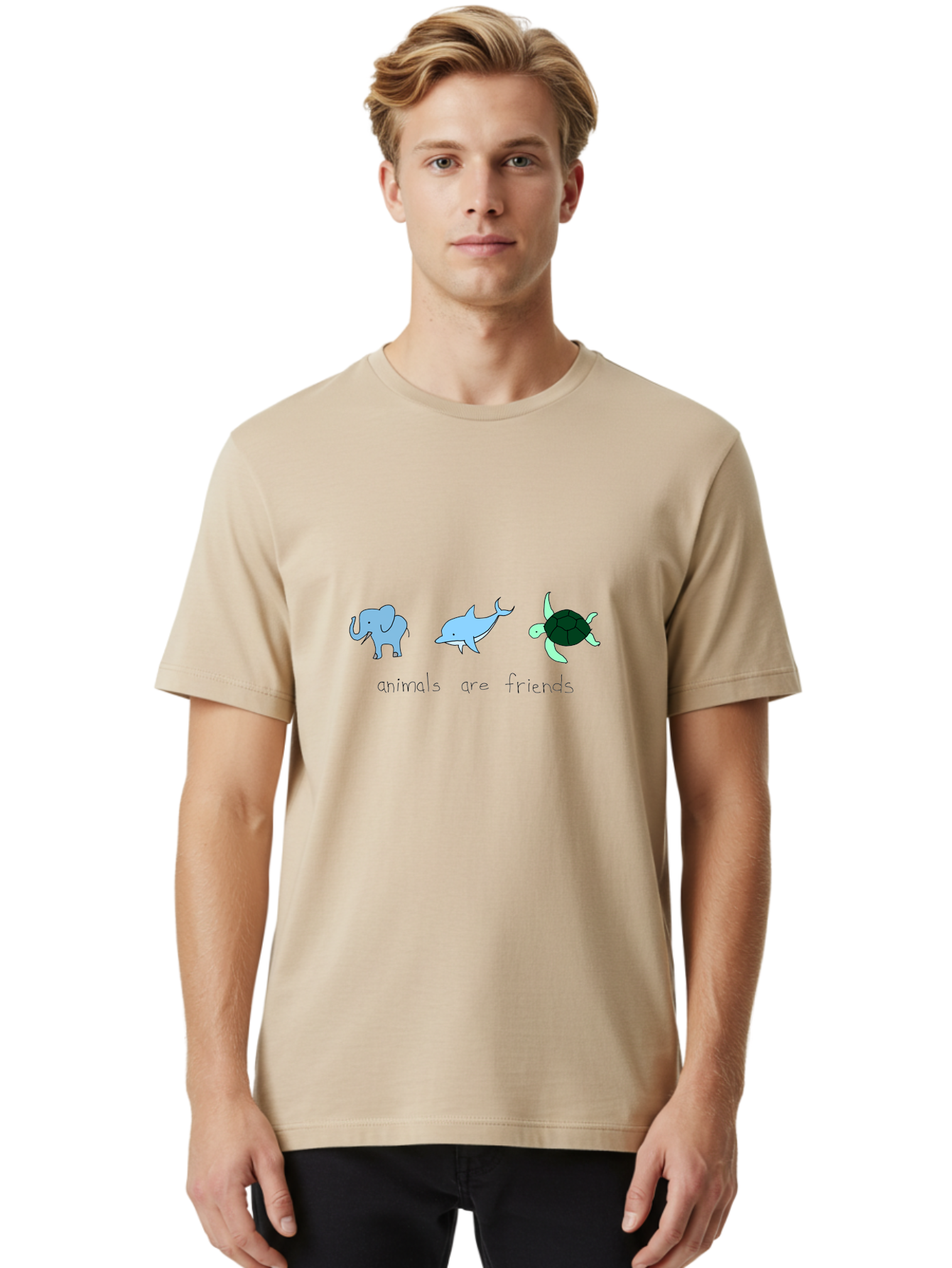 Animals-Are-Friends Men'S Graphic Tee, 100% Cotton, Comfortable Casual Summer Wear, Machine Washable, Cartoon Elephant, Dolphin, Turtle, Friendship, Animal Buddies, Wildlife Companions, Cute Illustrations, Animal Friends, -  Aaa006