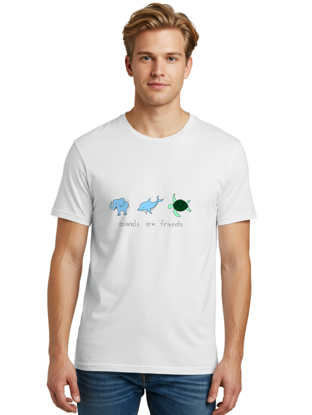 Animals-Are-Friends Men'S Graphic Tee, 100% Cotton, Comfortable Casual Summer Wear, Machine Washable, Cartoon Elephant, Dolphin, Turtle, Friendship, Animal Buddies, Wildlife Companions, Cute Illustrations, Animal Friends, -  Aaa006