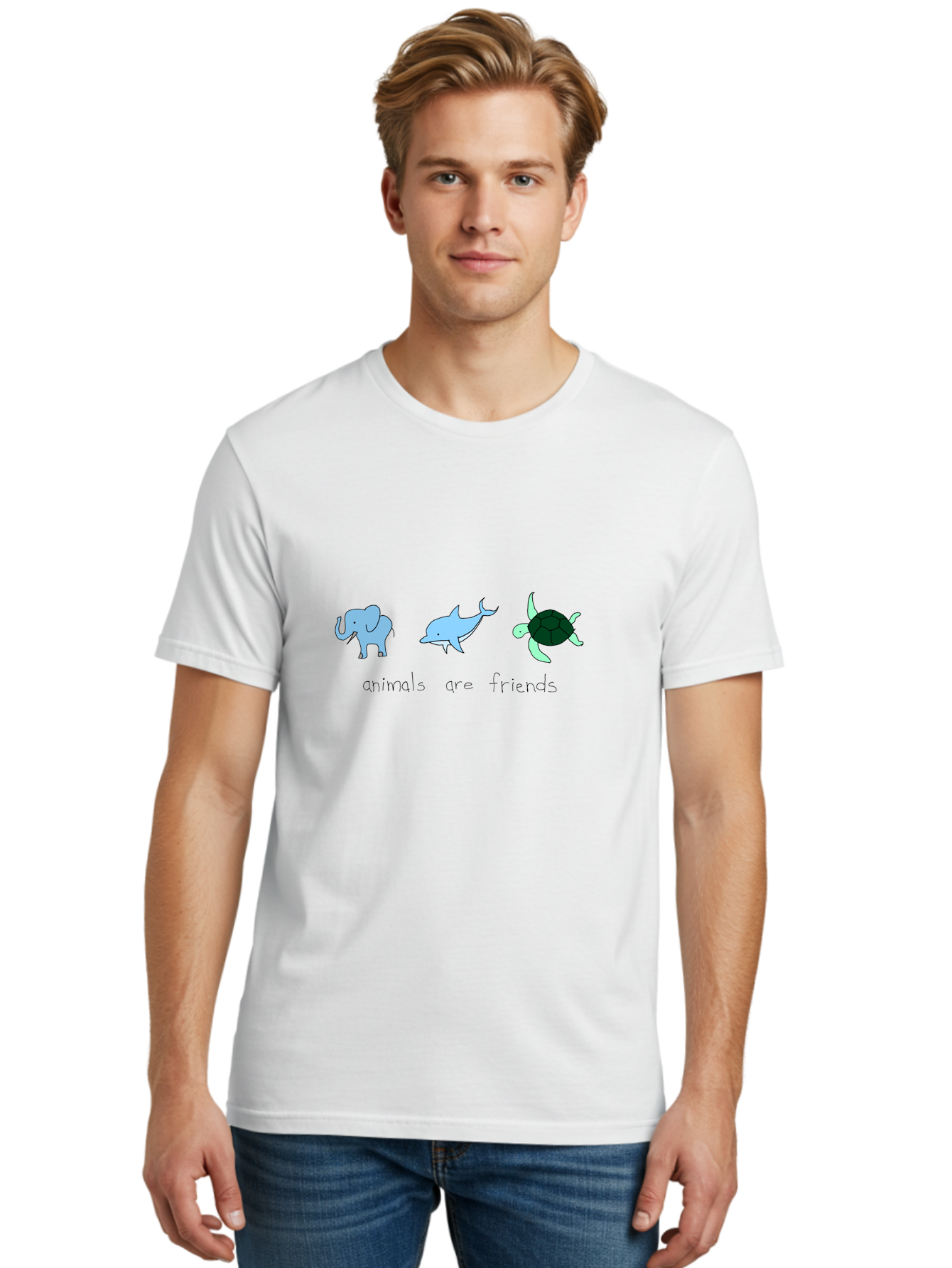 Animals-Are-Friends Men'S Graphic Tee, 100% Cotton, Comfortable Casual Summer Wear, Machine Washable, Cartoon Elephant, Dolphin, Turtle, Friendship, Animal Buddies, Wildlife Companions, Cute Illustrations, Animal Friends, -  Aaa006