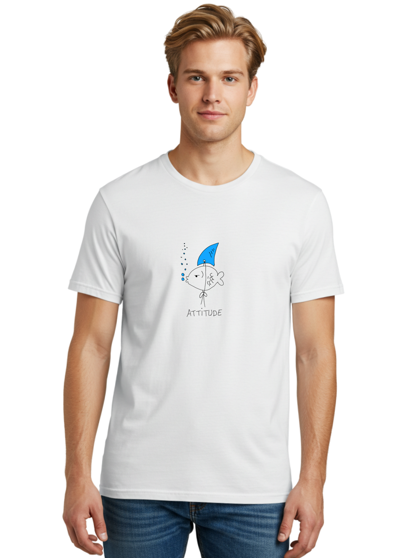 Attitude Men'S Graphic Tee, 100% Cotton, Comfortable Casual Summer Wear, Machine Washable, Split Personality Fish, Conflicting Emotions, Humorous Illustration, Cartoon Character, Positive And Negative Attitude, Comical Expression, -  Aaa007