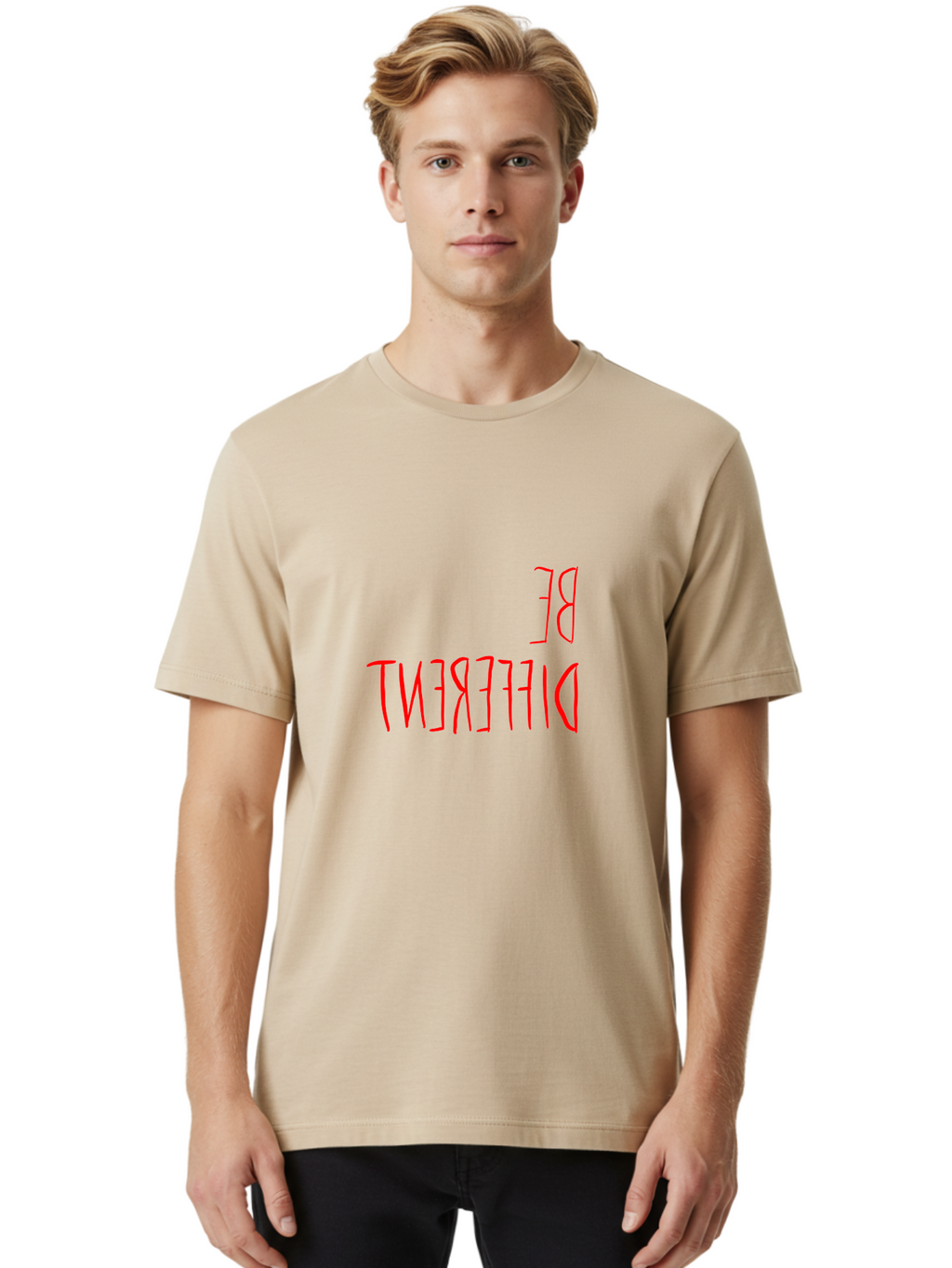Be-Different Men'S Graphic Tee, 100% Cotton, Comfortable Casual Summer Wear, Machine Washable, Inspirational Quote, Motivational Text, Bold Font, Red Lettering, Quirky Typography, Self-Expression, Individuality, Unique Style, -  Aaa009