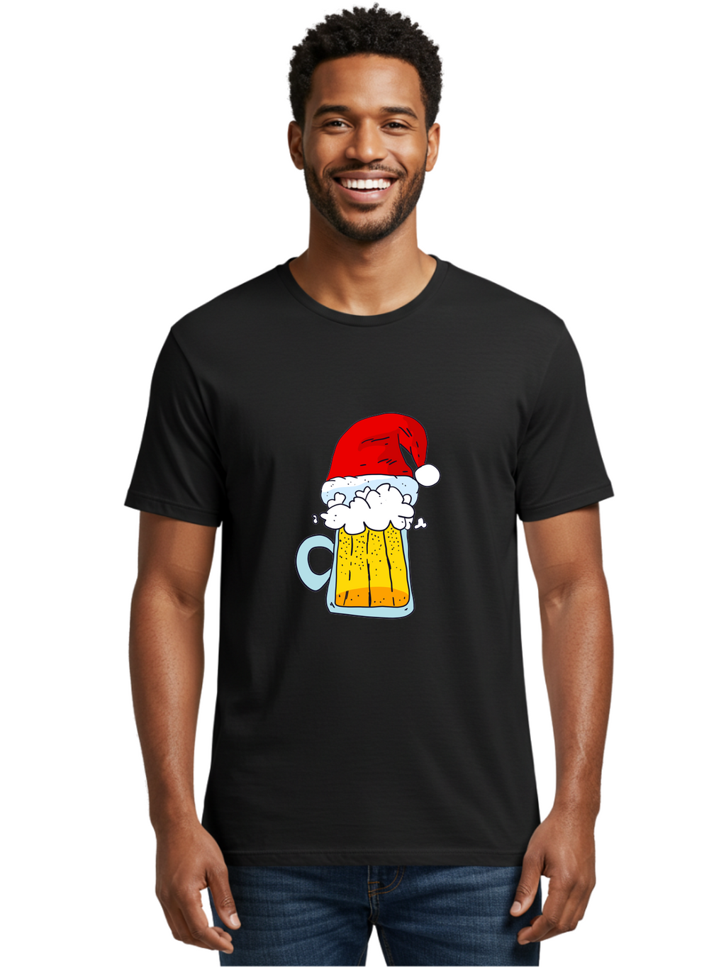 Beer-Mug-With-Santa-Hat Men'S Graphic Tee, 100% Cotton, Comfortable Casual Summer Wear, Machine Washable, Beer Mug With Santa Hat, Christmas Theme, Festive Drink, Holiday Cheer, Cartoon Style, Funny Illustration, Cold Beer, -  Aaa011