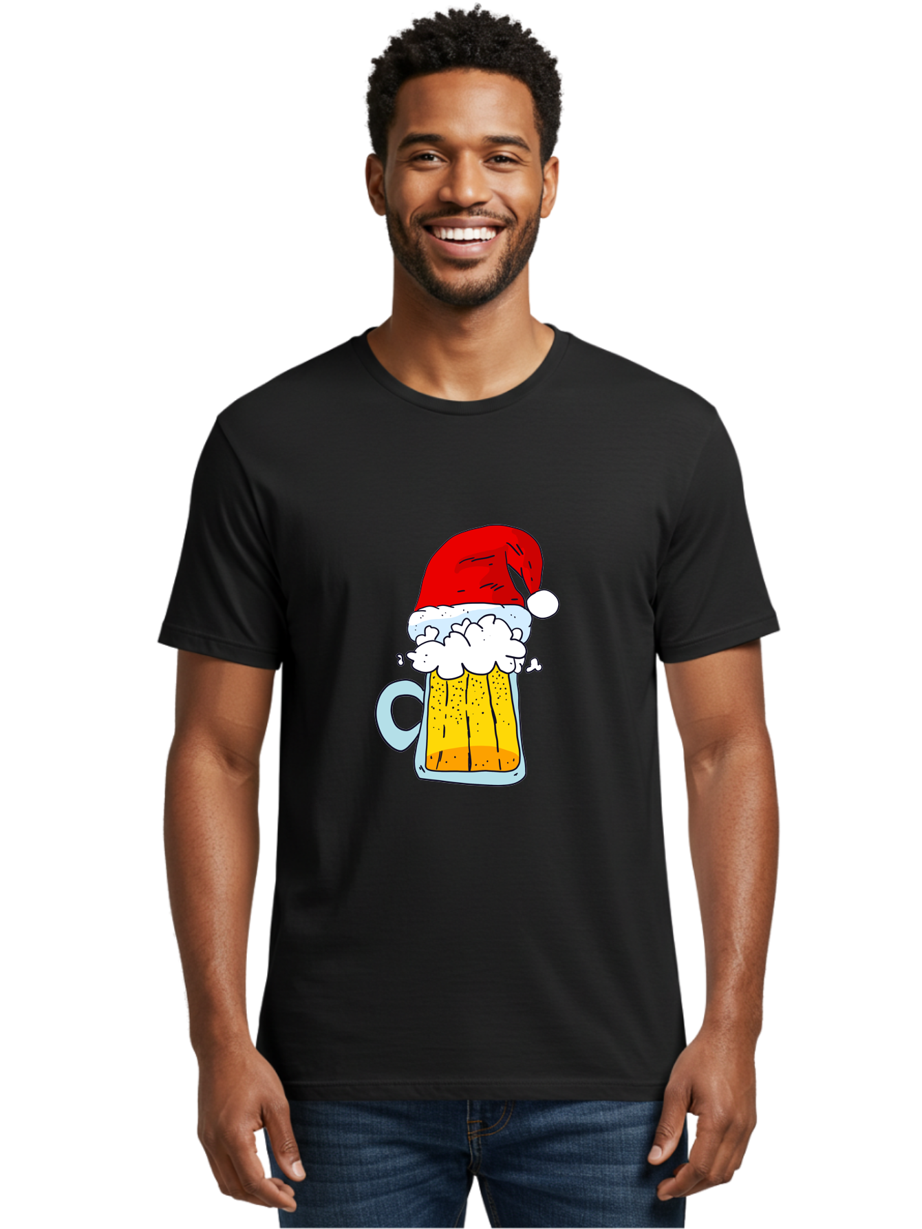 Beer-Mug-With-Santa-Hat Men'S Graphic Tee, 100% Cotton, Comfortable Casual Summer Wear, Machine Washable, Beer Mug With Santa Hat, Christmas Theme, Festive Drink, Holiday Cheer, Cartoon Style, Funny Illustration, Cold Beer, -  Aaa011