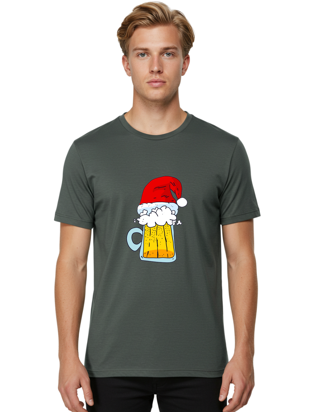 Beer-Mug-With-Santa-Hat Men'S Graphic Tee, 100% Cotton, Comfortable Casual Summer Wear, Machine Washable, Beer Mug With Santa Hat, Christmas Theme, Festive Drink, Holiday Cheer, Cartoon Style, Funny Illustration, Cold Beer, -  Aaa011