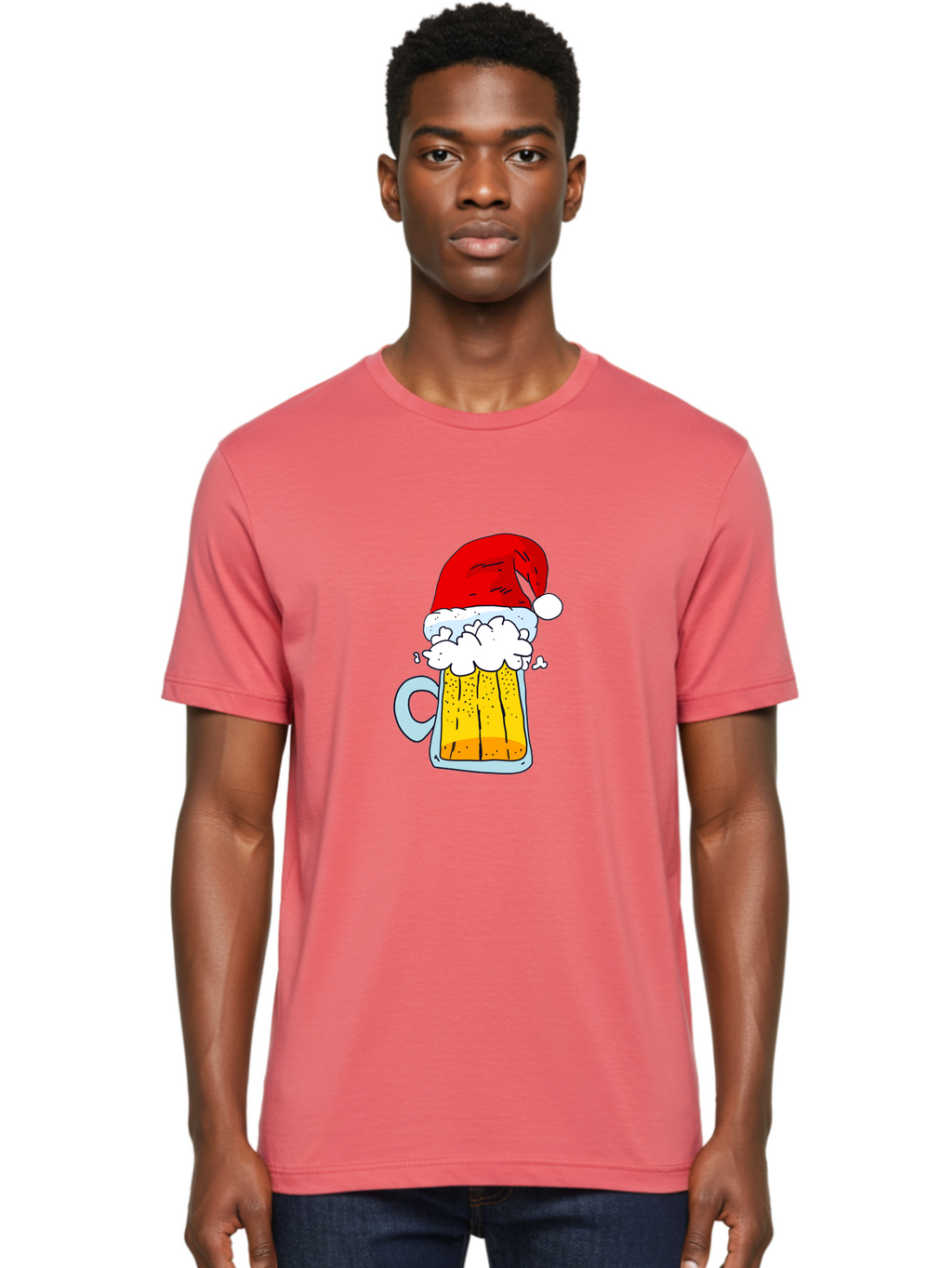 Beer-Mug-With-Santa-Hat Men'S Graphic Tee, 100% Cotton, Comfortable Casual Summer Wear, Machine Washable, Beer Mug With Santa Hat, Christmas Theme, Festive Drink, Holiday Cheer, Cartoon Style, Funny Illustration, Cold Beer, -  Aaa011
