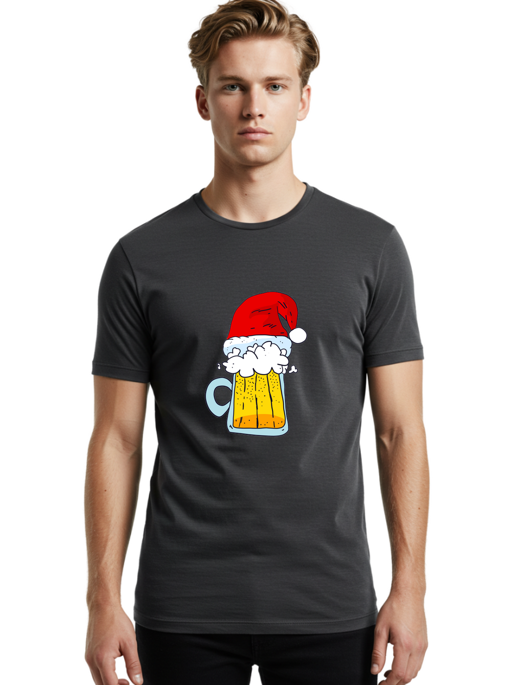 Beer-Mug-With-Santa-Hat Men'S Graphic Tee, 100% Cotton, Comfortable Casual Summer Wear, Machine Washable, Beer Mug With Santa Hat, Christmas Theme, Festive Drink, Holiday Cheer, Cartoon Style, Funny Illustration, Cold Beer, -  Aaa011