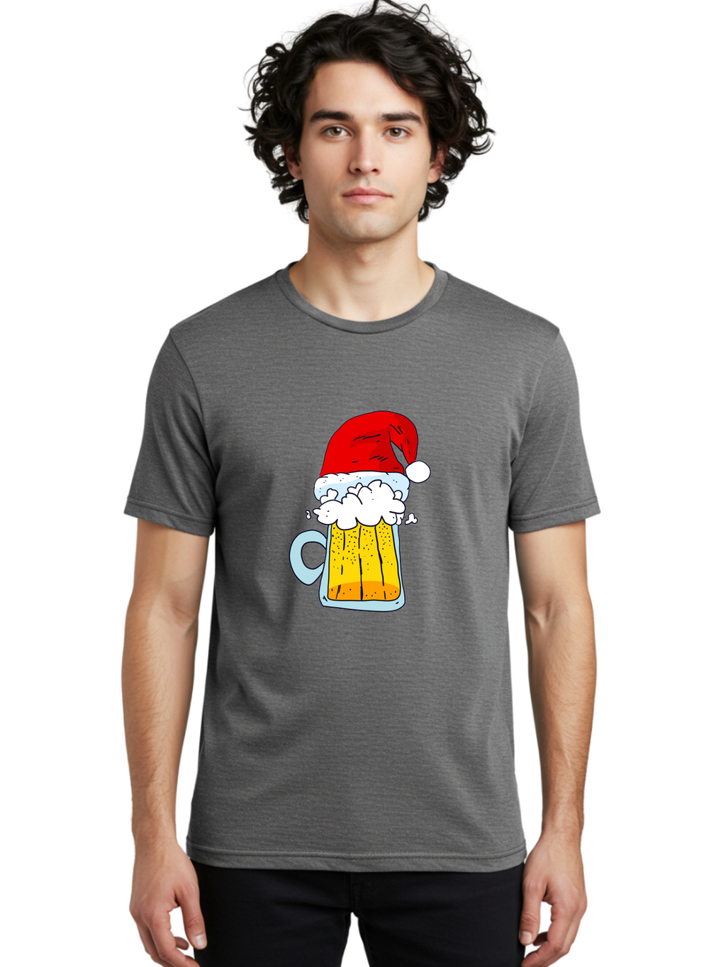 Beer-Mug-With-Santa-Hat Men'S Graphic Tee, 100% Cotton, Comfortable Casual Summer Wear, Machine Washable, Beer Mug With Santa Hat, Christmas Theme, Festive Drink, Holiday Cheer, Cartoon Style, Funny Illustration, Cold Beer, -  Aaa011