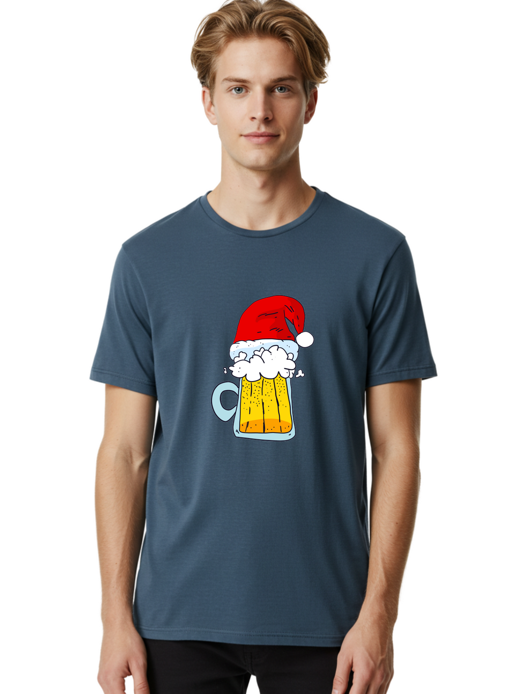 Beer-Mug-With-Santa-Hat Men'S Graphic Tee, 100% Cotton, Comfortable Casual Summer Wear, Machine Washable, Beer Mug With Santa Hat, Christmas Theme, Festive Drink, Holiday Cheer, Cartoon Style, Funny Illustration, Cold Beer, -  Aaa011