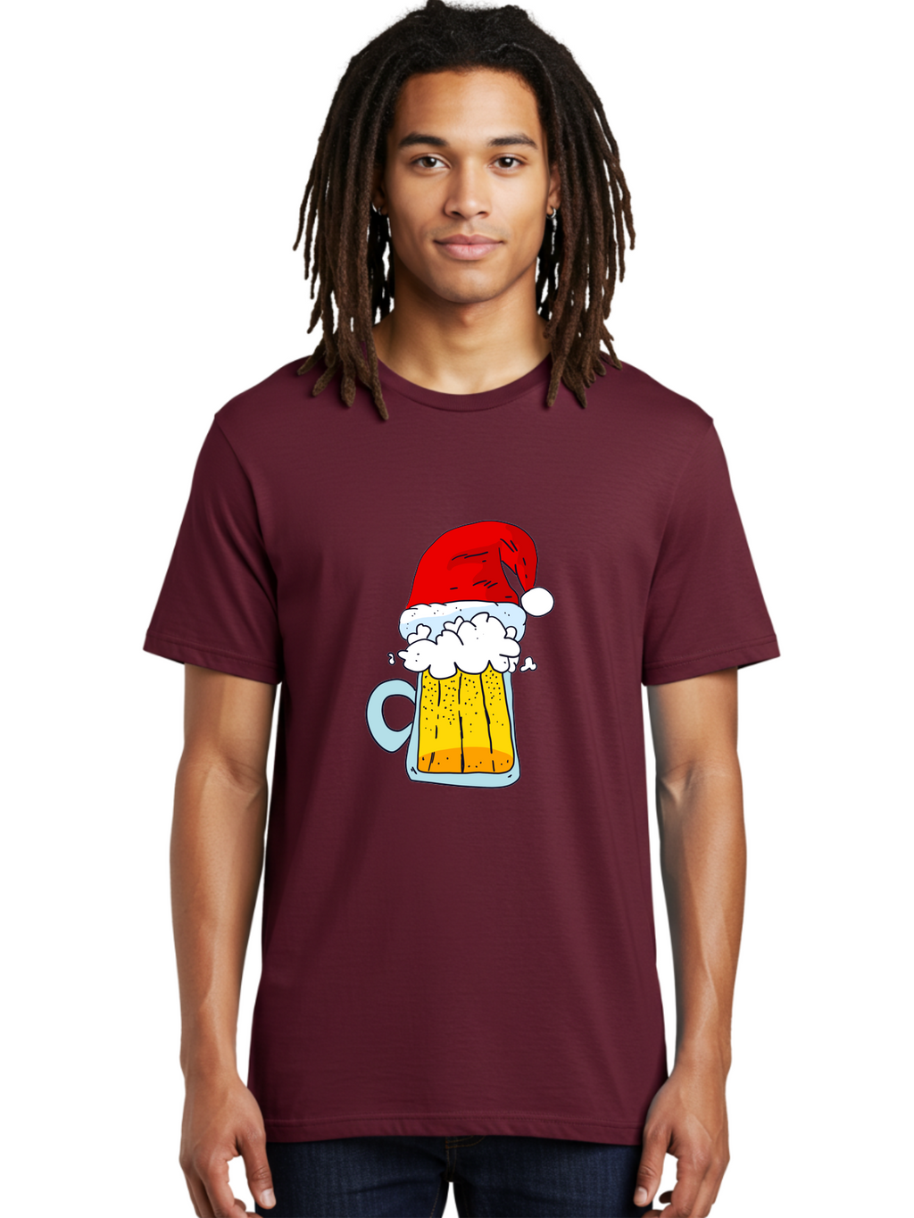 Beer-Mug-With-Santa-Hat Men'S Graphic Tee, 100% Cotton, Comfortable Casual Summer Wear, Machine Washable, Beer Mug With Santa Hat, Christmas Theme, Festive Drink, Holiday Cheer, Cartoon Style, Funny Illustration, Cold Beer, -  Aaa011