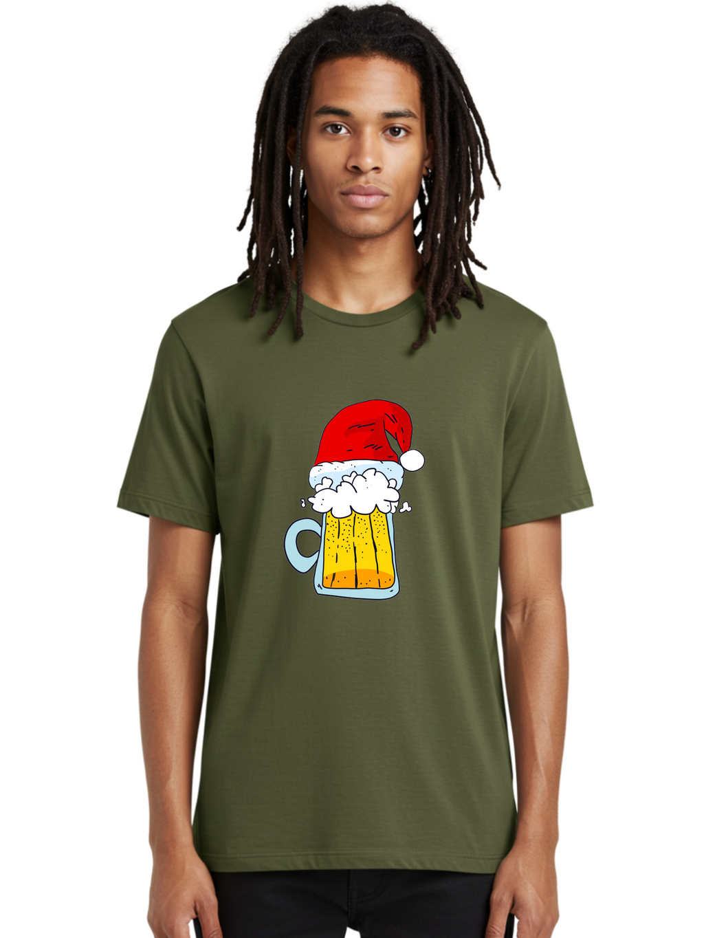 Beer-Mug-With-Santa-Hat Men'S Graphic Tee, 100% Cotton, Comfortable Casual Summer Wear, Machine Washable, Beer Mug With Santa Hat, Christmas Theme, Festive Drink, Holiday Cheer, Cartoon Style, Funny Illustration, Cold Beer, -  Aaa011