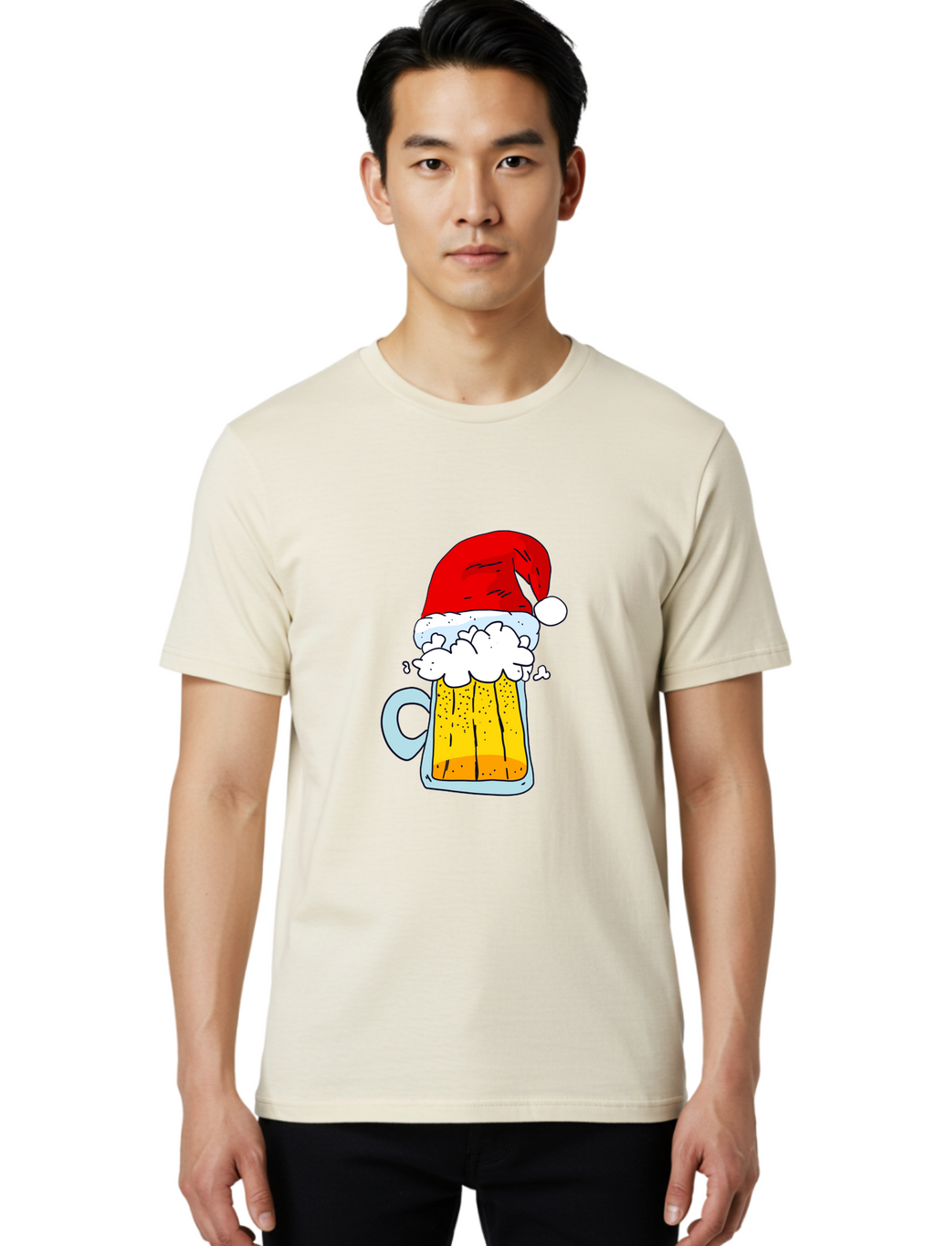 Beer-Mug-With-Santa-Hat Men'S Graphic Tee, 100% Cotton, Comfortable Casual Summer Wear, Machine Washable, Beer Mug With Santa Hat, Christmas Theme, Festive Drink, Holiday Cheer, Cartoon Style, Funny Illustration, Cold Beer, -  Aaa011