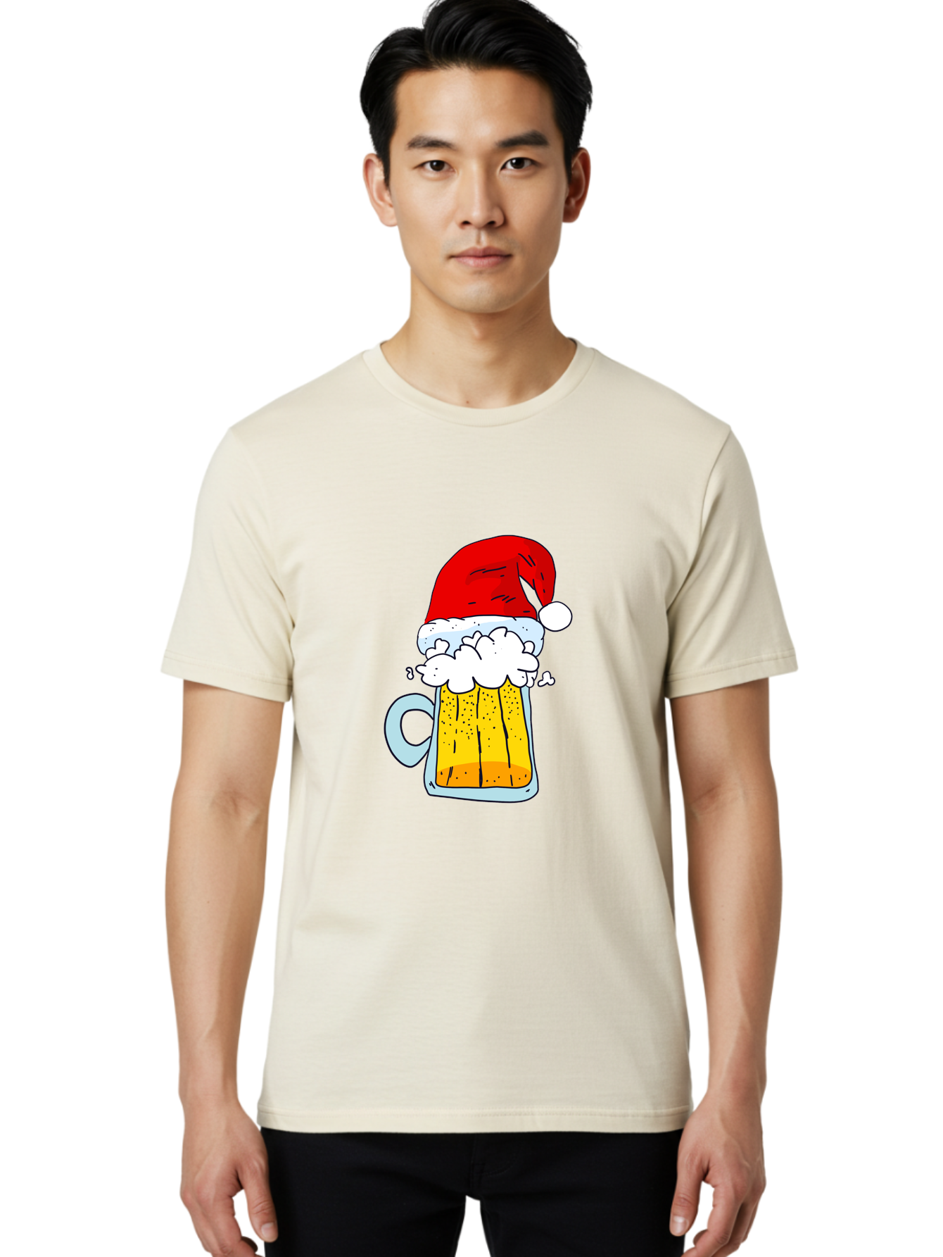 Beer-Mug-With-Santa-Hat Men'S Graphic Tee, 100% Cotton, Comfortable Casual Summer Wear, Machine Washable, Beer Mug With Santa Hat, Christmas Theme, Festive Drink, Holiday Cheer, Cartoon Style, Funny Illustration, Cold Beer, -  Aaa011