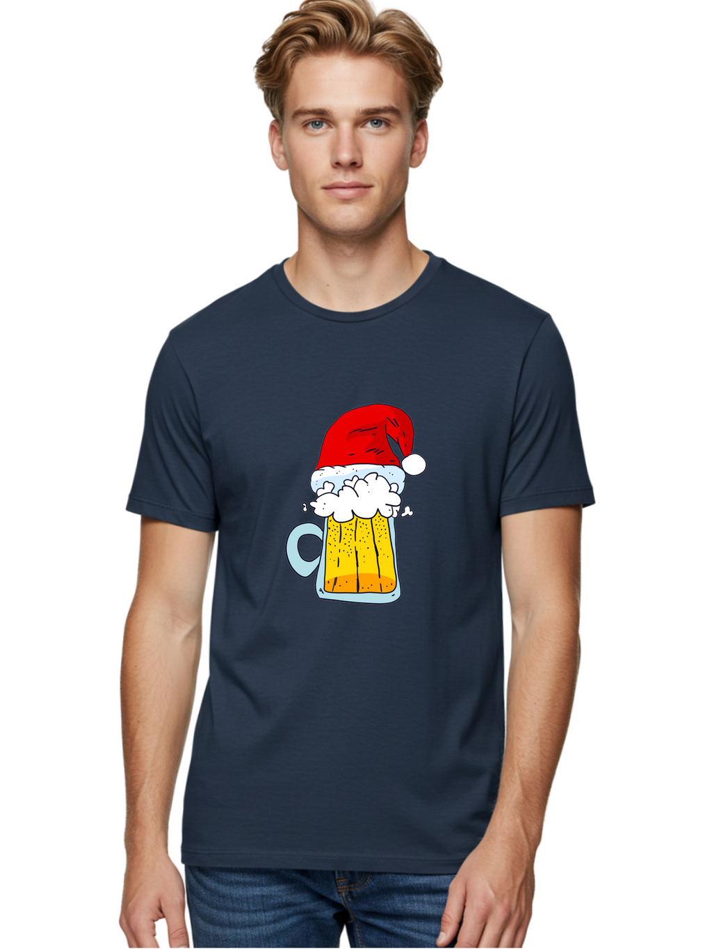 Beer-Mug-With-Santa-Hat Men'S Graphic Tee, 100% Cotton, Comfortable Casual Summer Wear, Machine Washable, Beer Mug With Santa Hat, Christmas Theme, Festive Drink, Holiday Cheer, Cartoon Style, Funny Illustration, Cold Beer, -  Aaa011