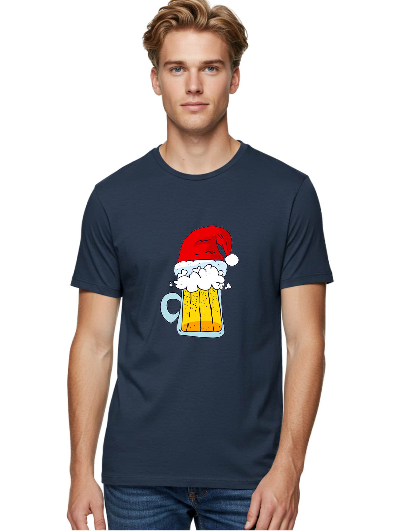 Beer-Mug-With-Santa-Hat Men'S Graphic Tee, 100% Cotton, Comfortable Casual Summer Wear, Machine Washable, Beer Mug With Santa Hat, Christmas Theme, Festive Drink, Holiday Cheer, Cartoon Style, Funny Illustration, Cold Beer, -  Aaa011