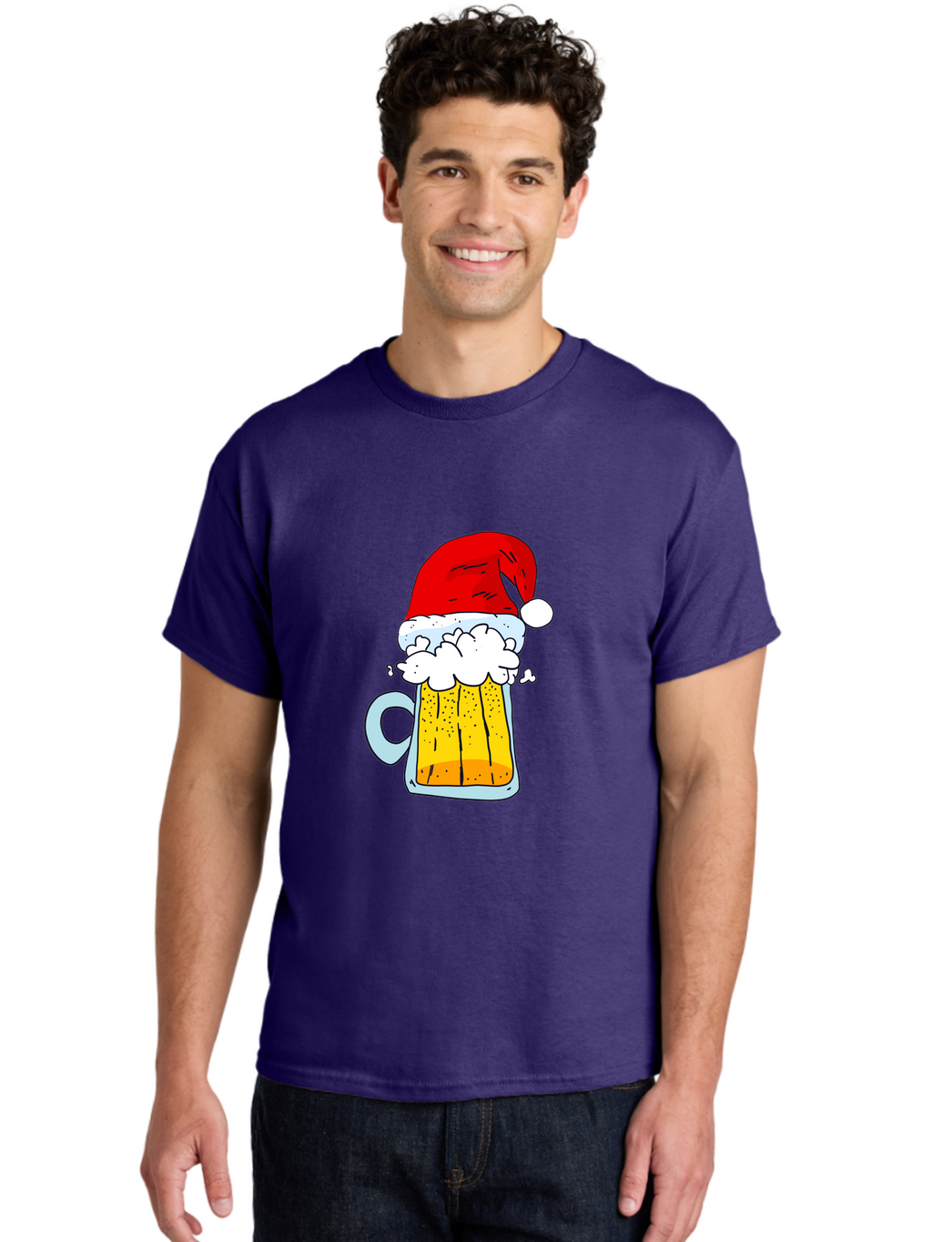 Beer-Mug-With-Santa-Hat Men'S Graphic Tee, 100% Cotton, Comfortable Casual Summer Wear, Machine Washable, Beer Mug With Santa Hat, Christmas Theme, Festive Drink, Holiday Cheer, Cartoon Style, Funny Illustration, Cold Beer, -  Aaa011