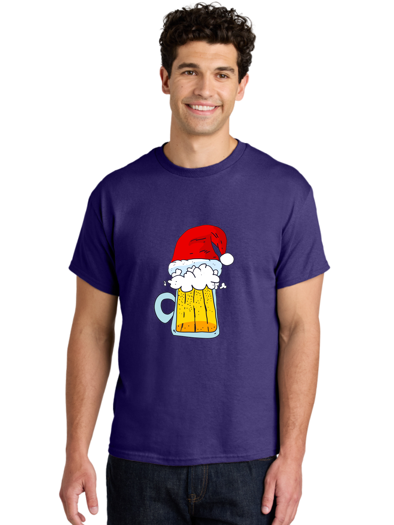 Beer-Mug-With-Santa-Hat Men'S Graphic Tee, 100% Cotton, Comfortable Casual Summer Wear, Machine Washable, Beer Mug With Santa Hat, Christmas Theme, Festive Drink, Holiday Cheer, Cartoon Style, Funny Illustration, Cold Beer, -  Aaa011