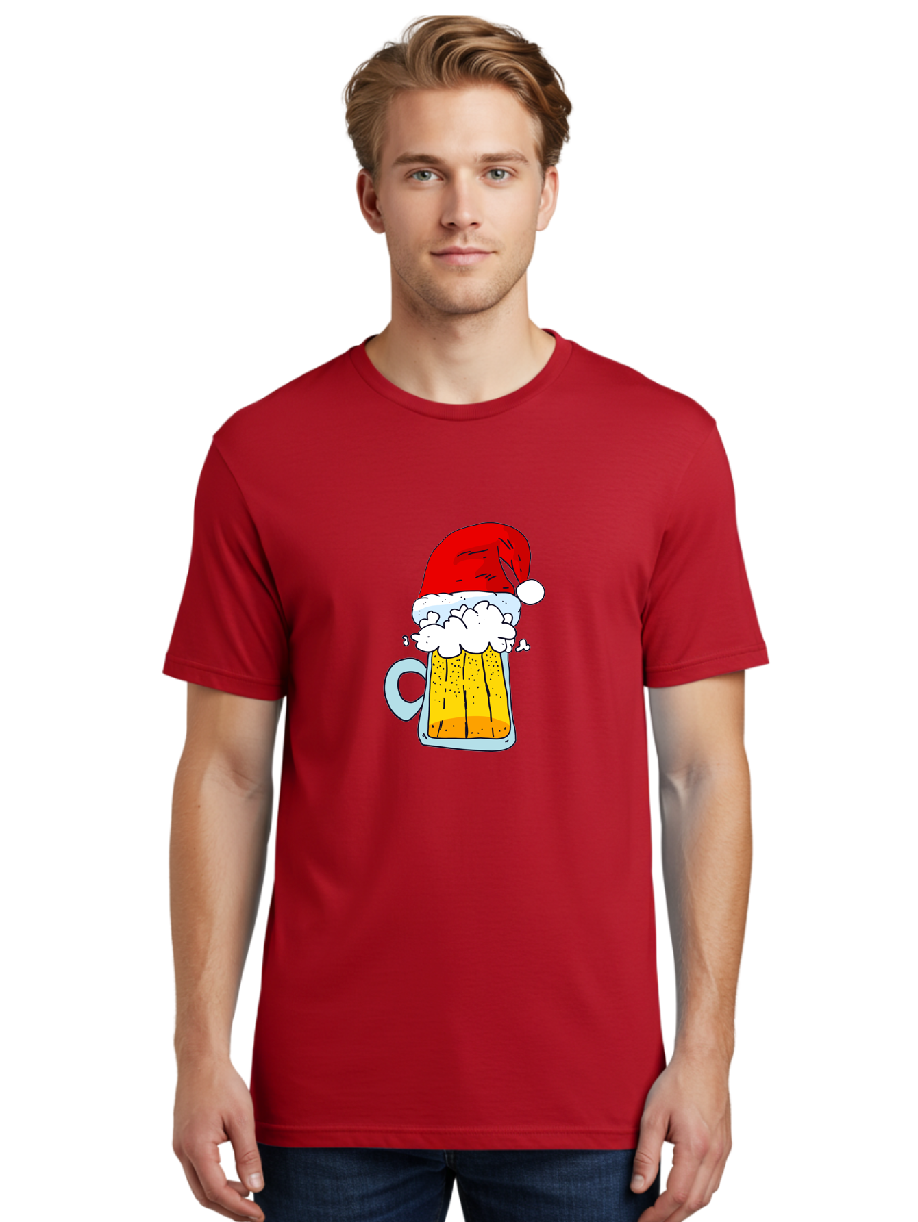 Beer-Mug-With-Santa-Hat Men'S Graphic Tee, 100% Cotton, Comfortable Casual Summer Wear, Machine Washable, Beer Mug With Santa Hat, Christmas Theme, Festive Drink, Holiday Cheer, Cartoon Style, Funny Illustration, Cold Beer, -  Aaa011
