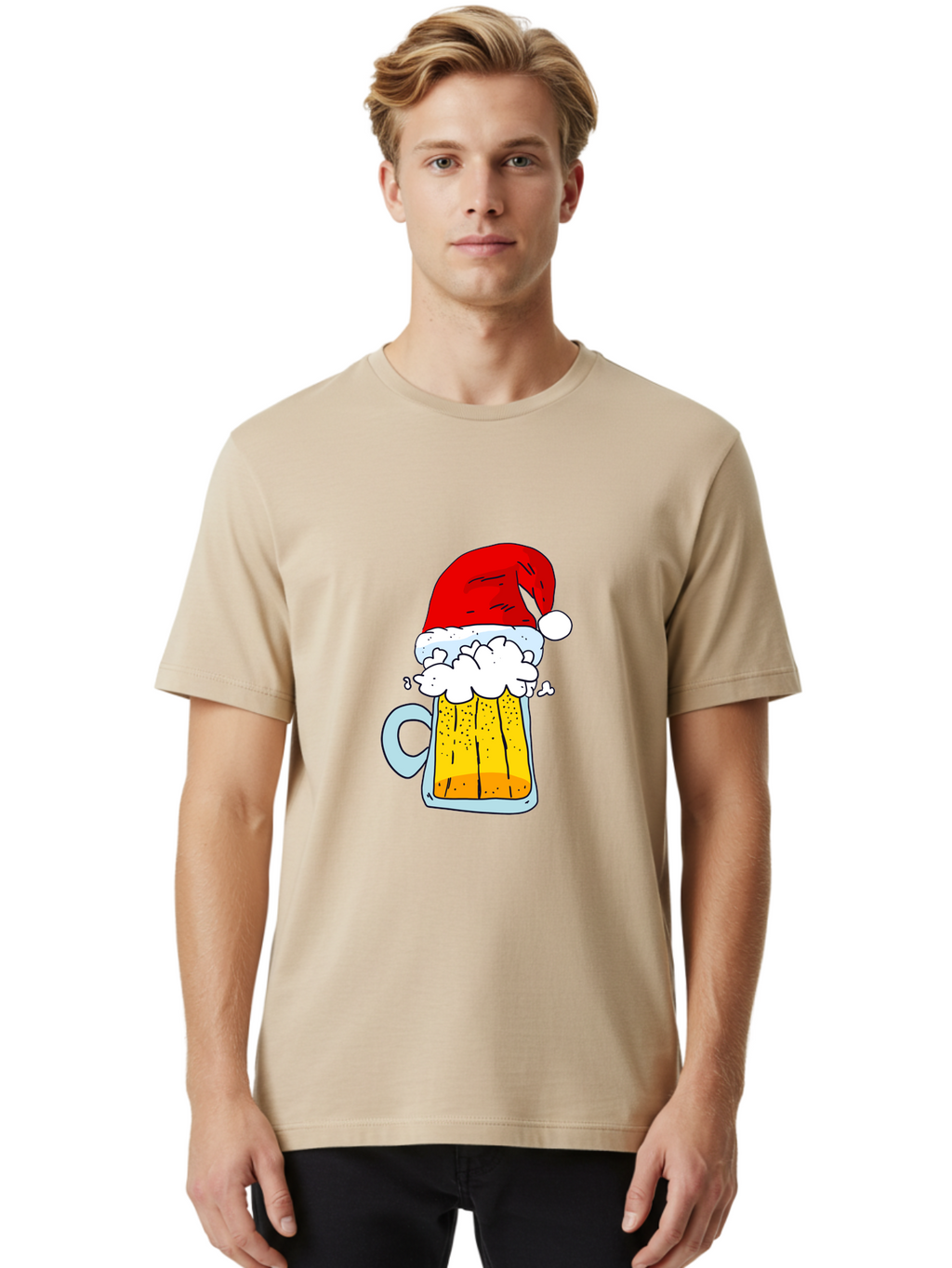 Beer-Mug-With-Santa-Hat Men'S Graphic Tee, 100% Cotton, Comfortable Casual Summer Wear, Machine Washable, Beer Mug With Santa Hat, Christmas Theme, Festive Drink, Holiday Cheer, Cartoon Style, Funny Illustration, Cold Beer, -  Aaa011