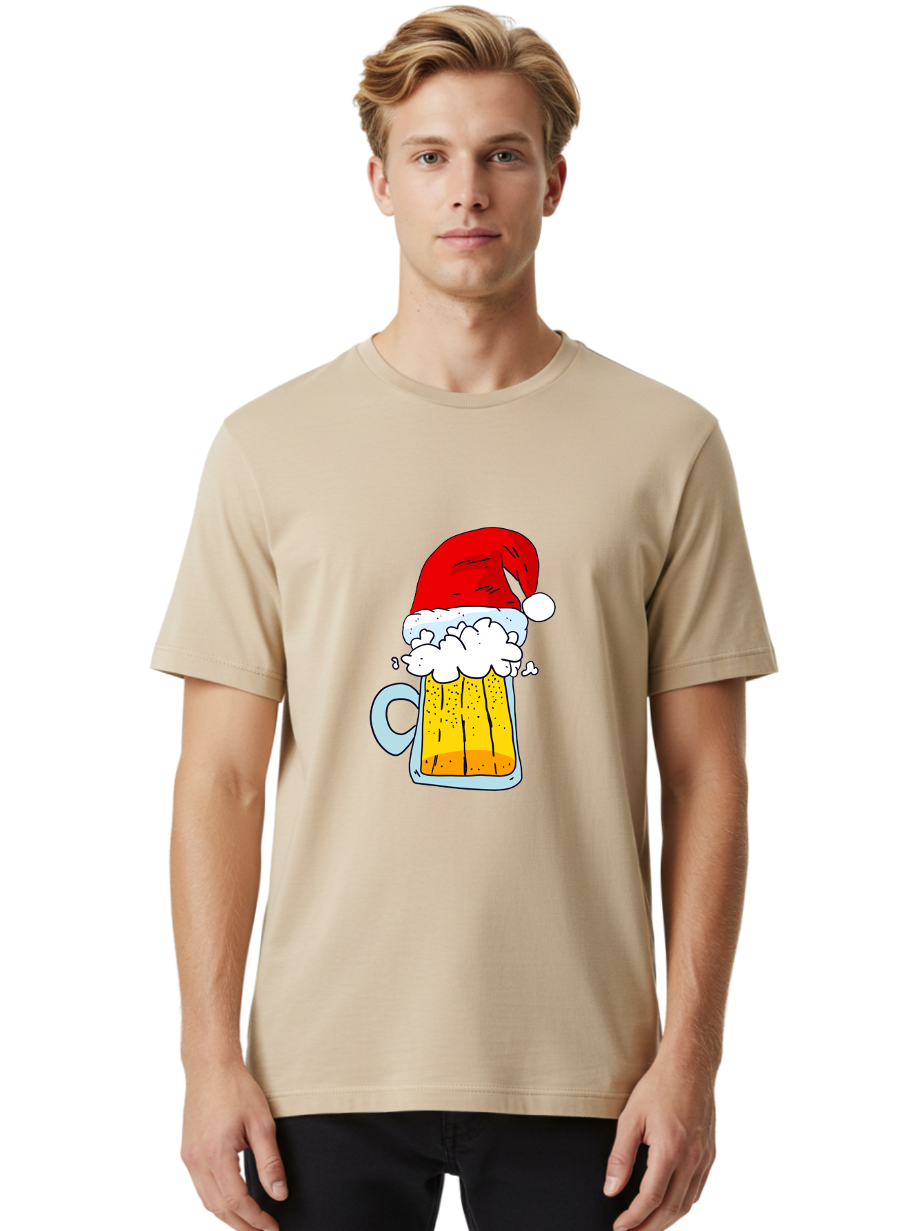 Beer-Mug-With-Santa-Hat Men'S Graphic Tee, 100% Cotton, Comfortable Casual Summer Wear, Machine Washable, Beer Mug With Santa Hat, Christmas Theme, Festive Drink, Holiday Cheer, Cartoon Style, Funny Illustration, Cold Beer, -  Aaa011